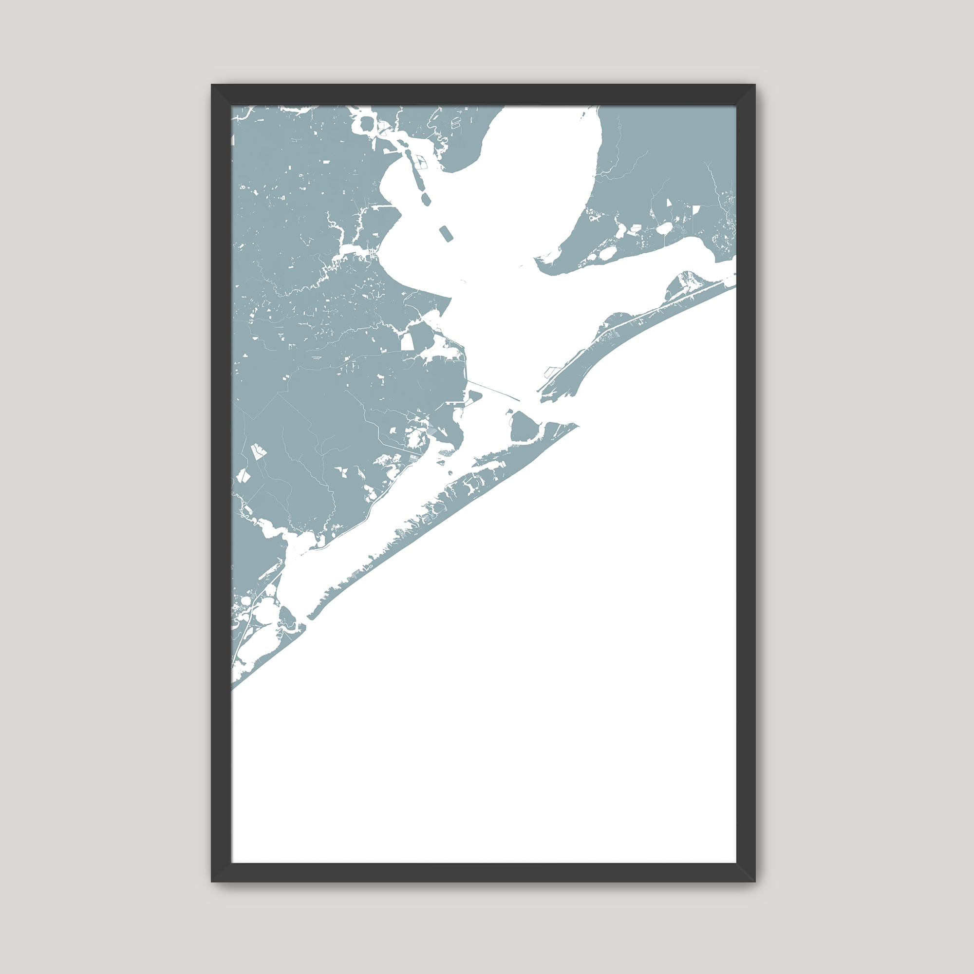 Galveston Coastal Map — Fine Art Print Vertical, soft-blue, Black Frame, 8x10