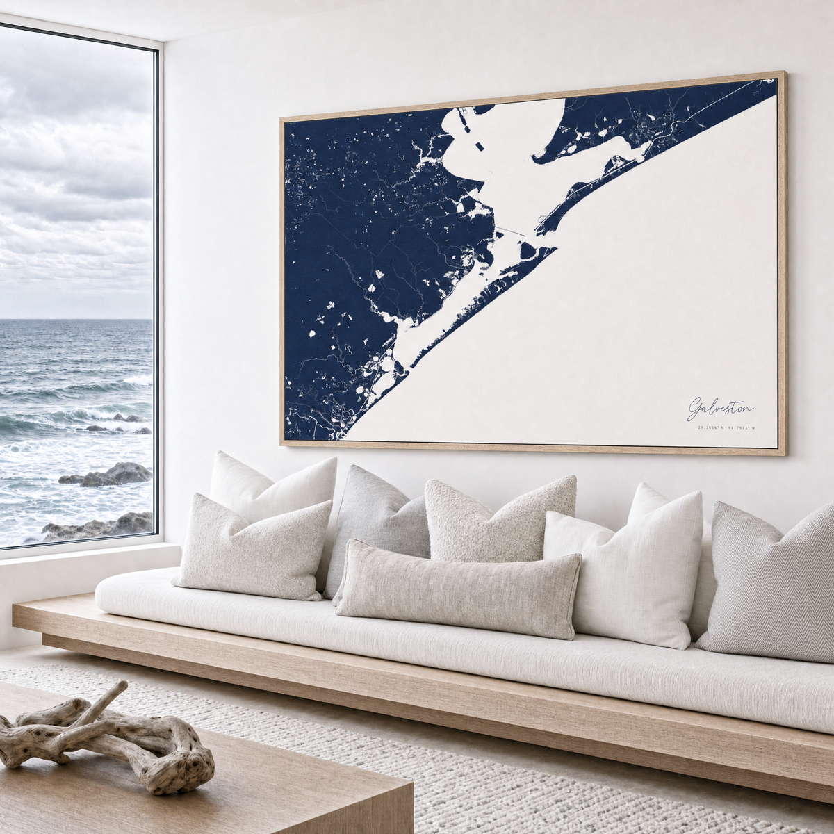 Galveston canvas map — sea-view bench interior