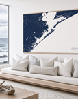 Galveston canvas map — sea-view bench interior