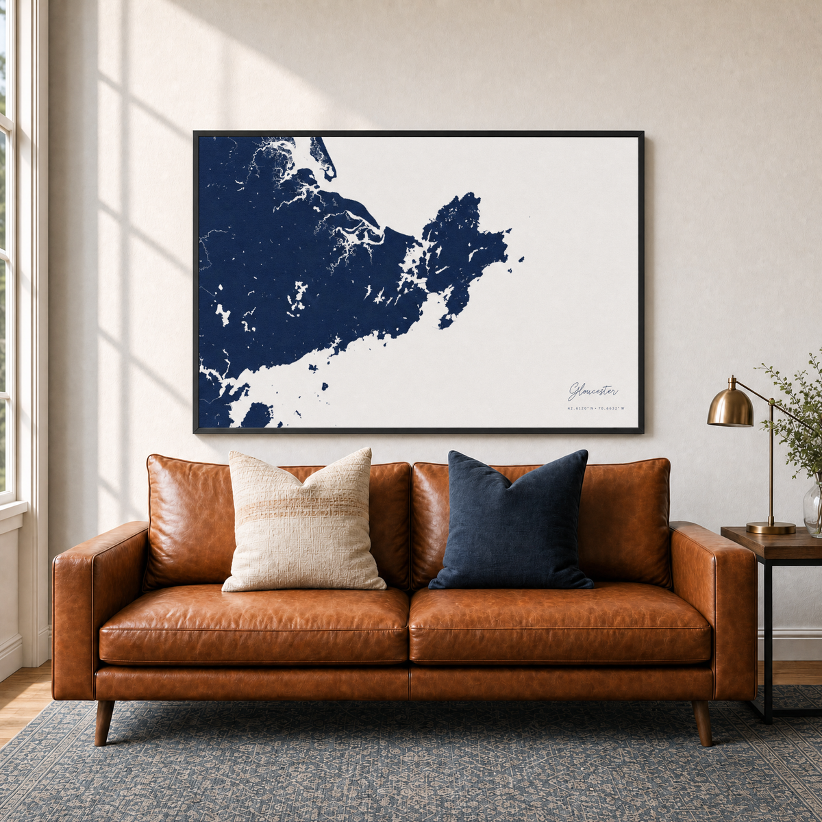 Gloucester canvas map — two-pillow black-frame sofa interior