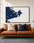 Gloucester canvas map — two-pillow black-frame sofa interior