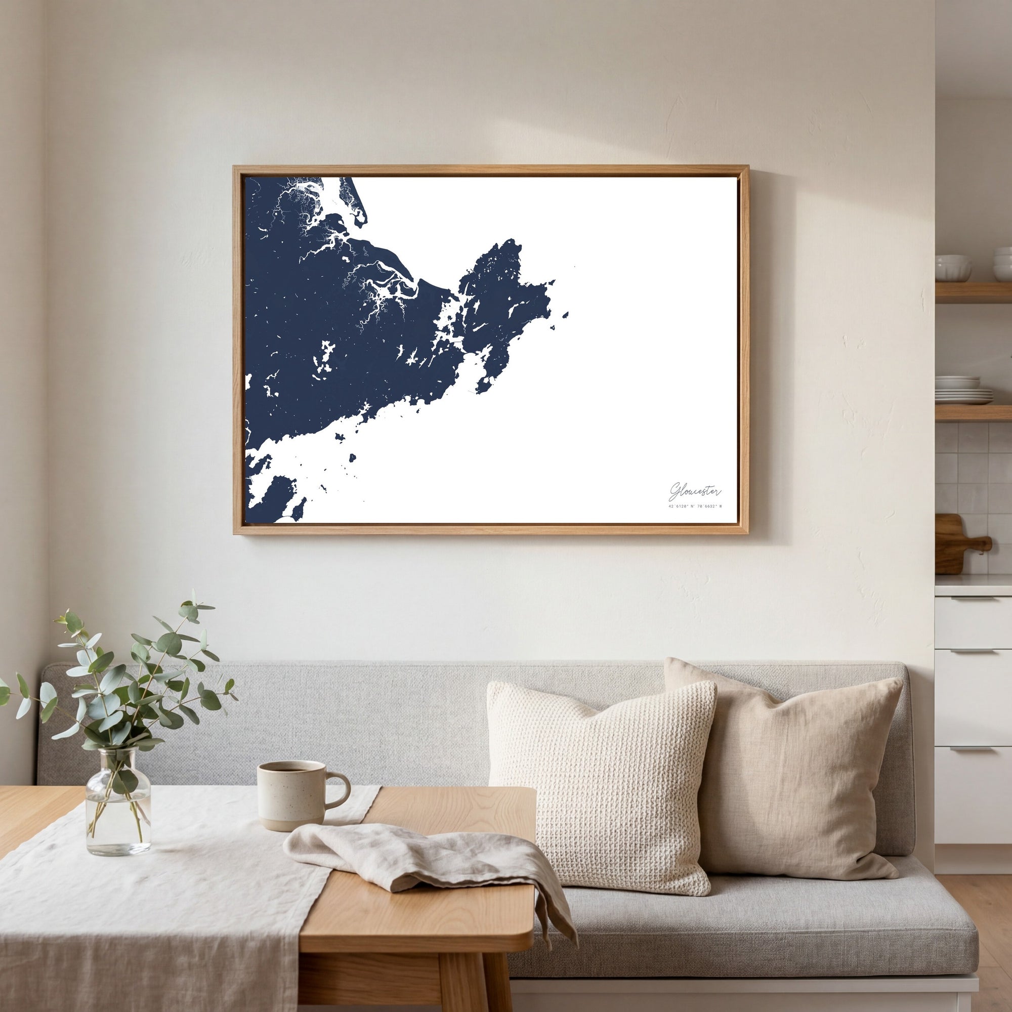 Gloucester navy horizontal canvas map in an oak framed room scene