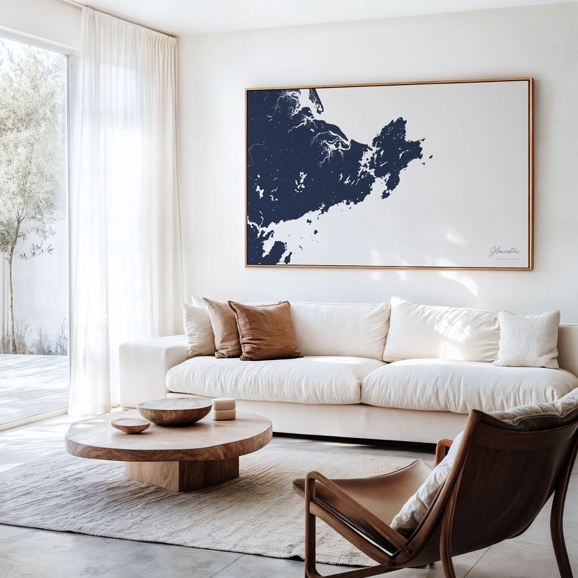 Gloucester navy horizontal canvas map in an oak framed room scene