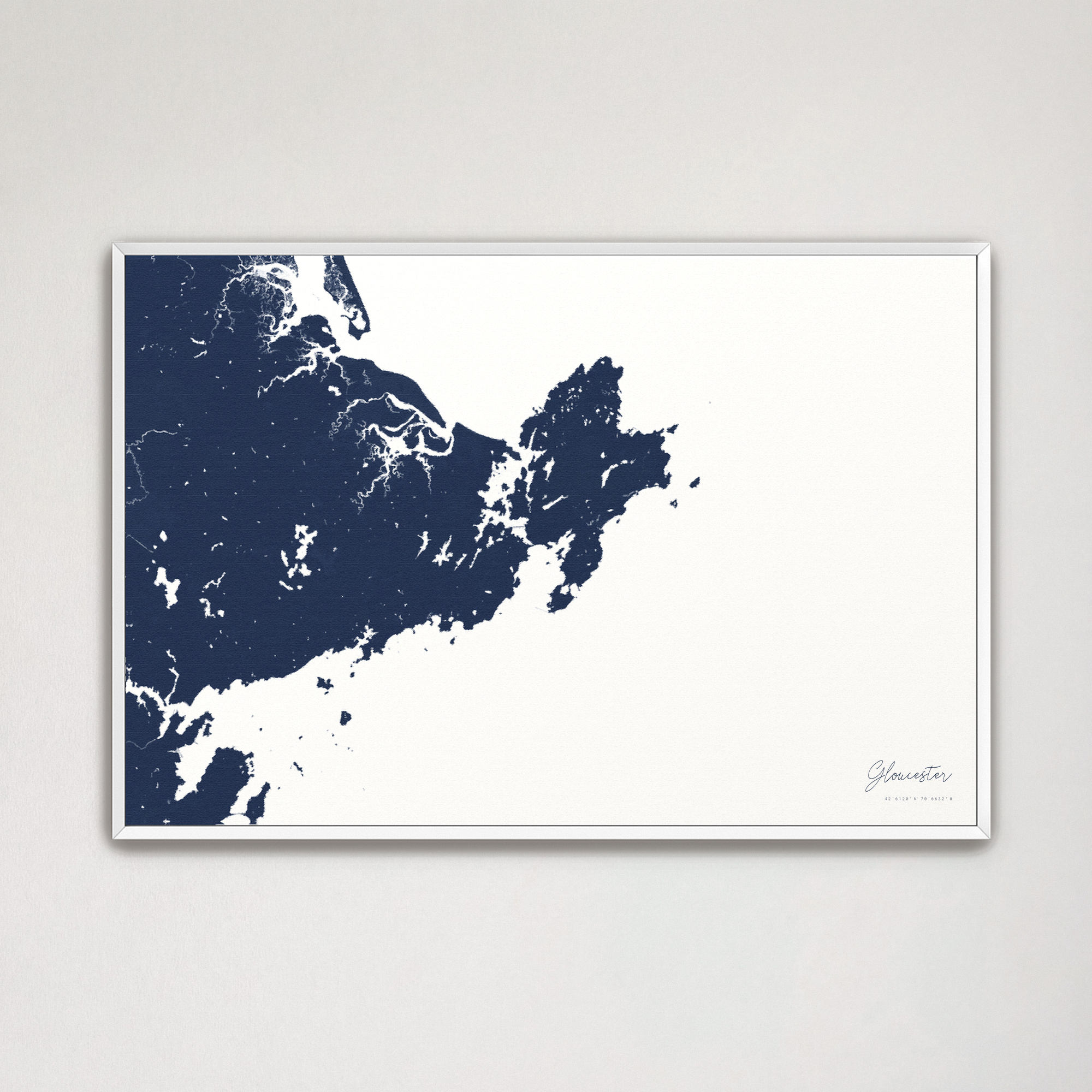 Gloucester Coastal Map — Canvas Horizontal, navy, White Frame