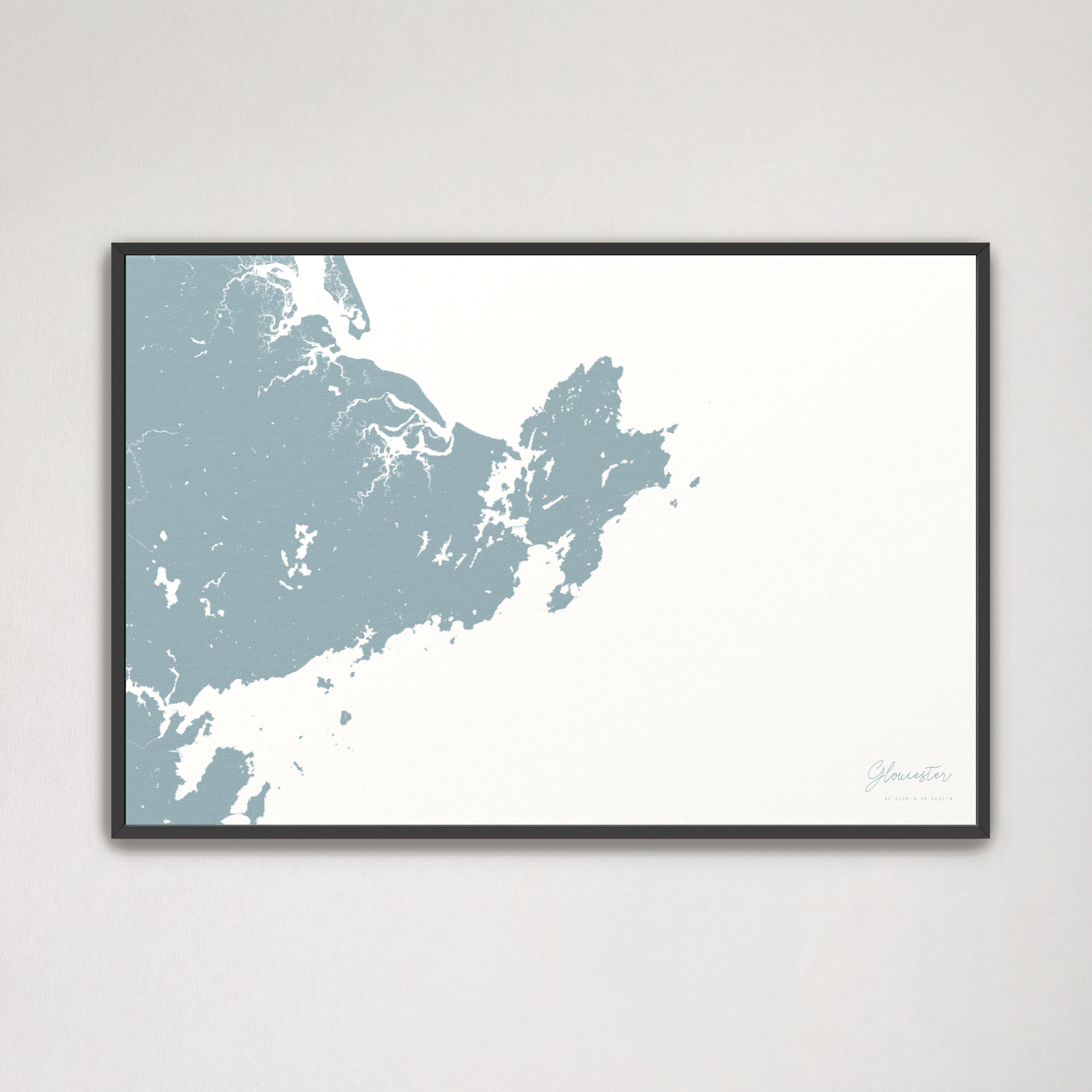 Gloucester Coastal Map — Canvas Horizontal, soft-blue, Black Frame