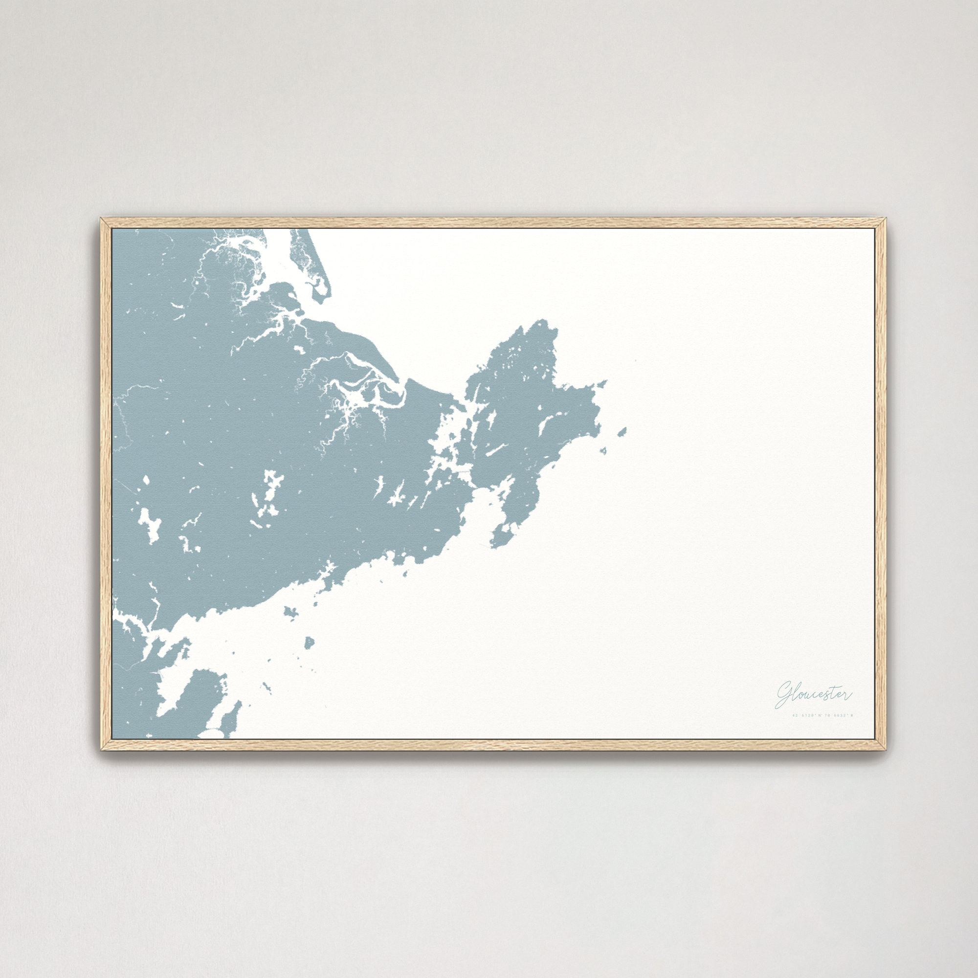 Gloucester Coastal Map — Canvas Horizontal, soft-blue, Natural Oak