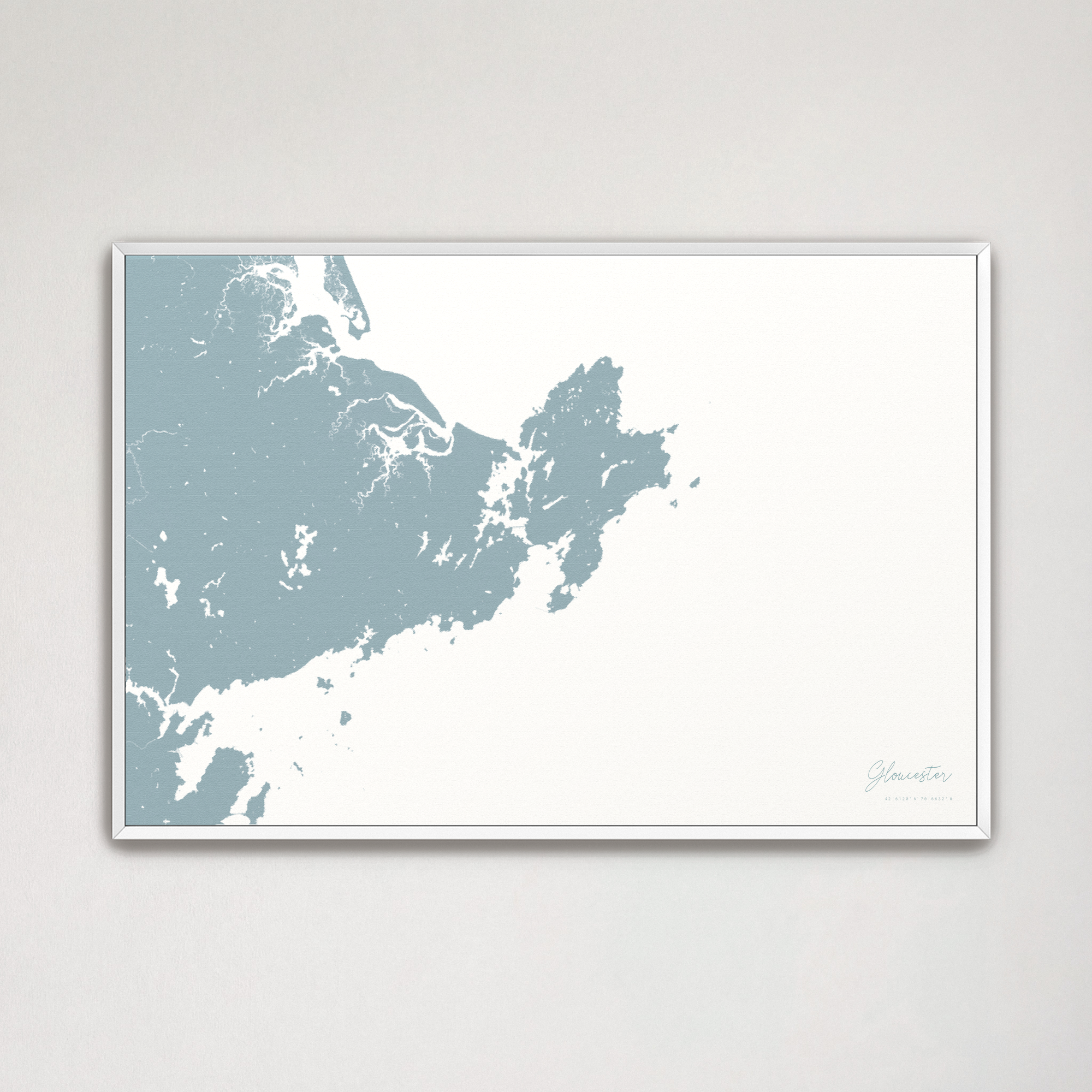 Gloucester Coastal Map — Canvas Horizontal, soft-blue, White Frame