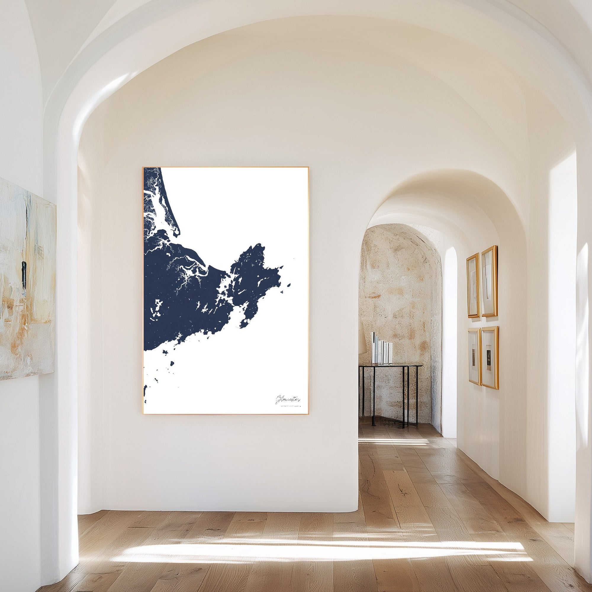 Gloucester navy vertical canvas map in the Bello mixed room scene