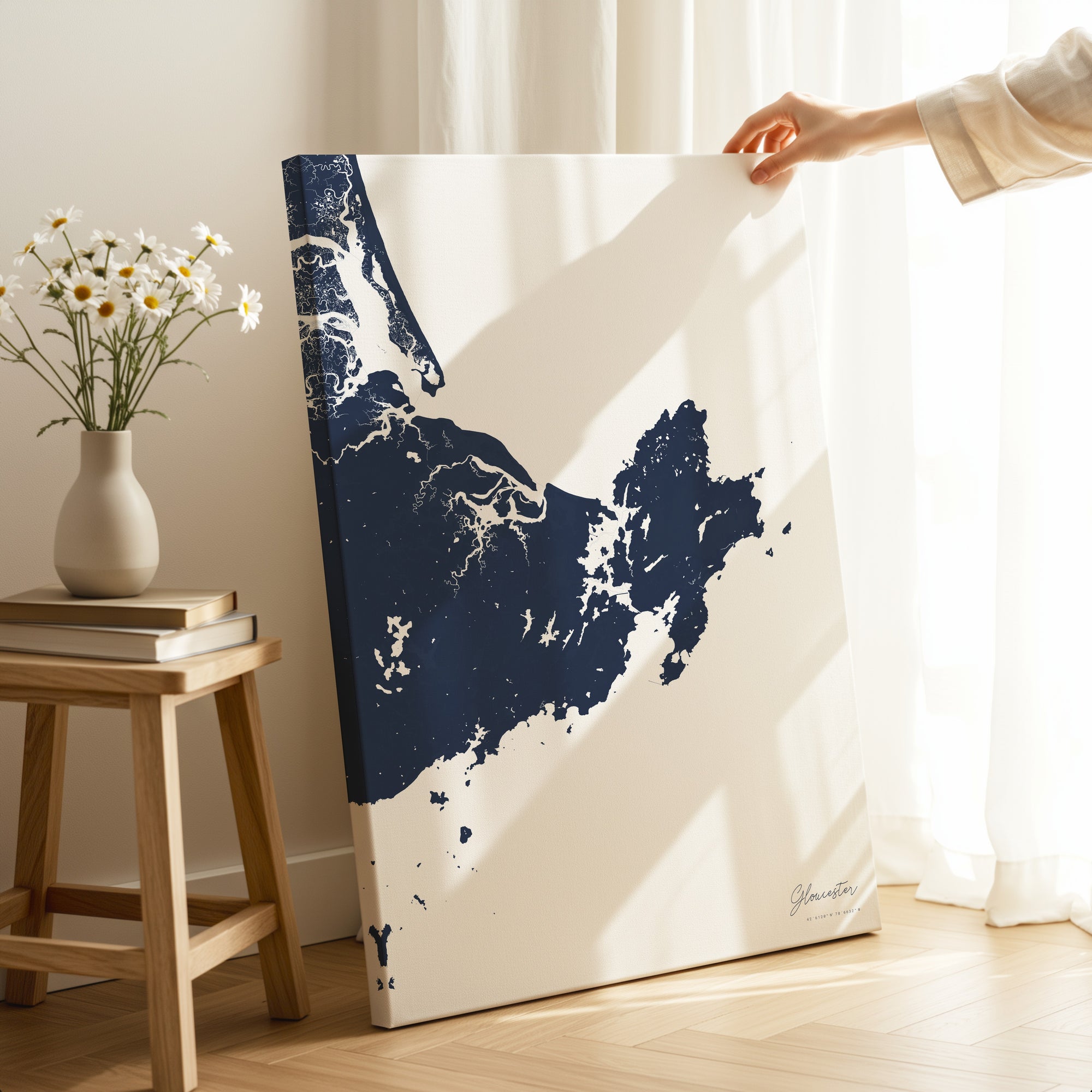 Gloucester navy vertical wrapped canvas map in the ratio 2:3 hand mockup