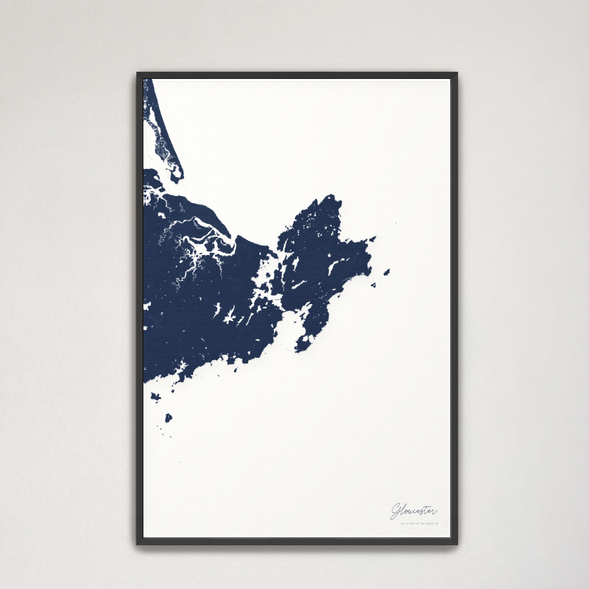 Gloucester Coastal Map — Canvas Vertical, navy, Black Frame
