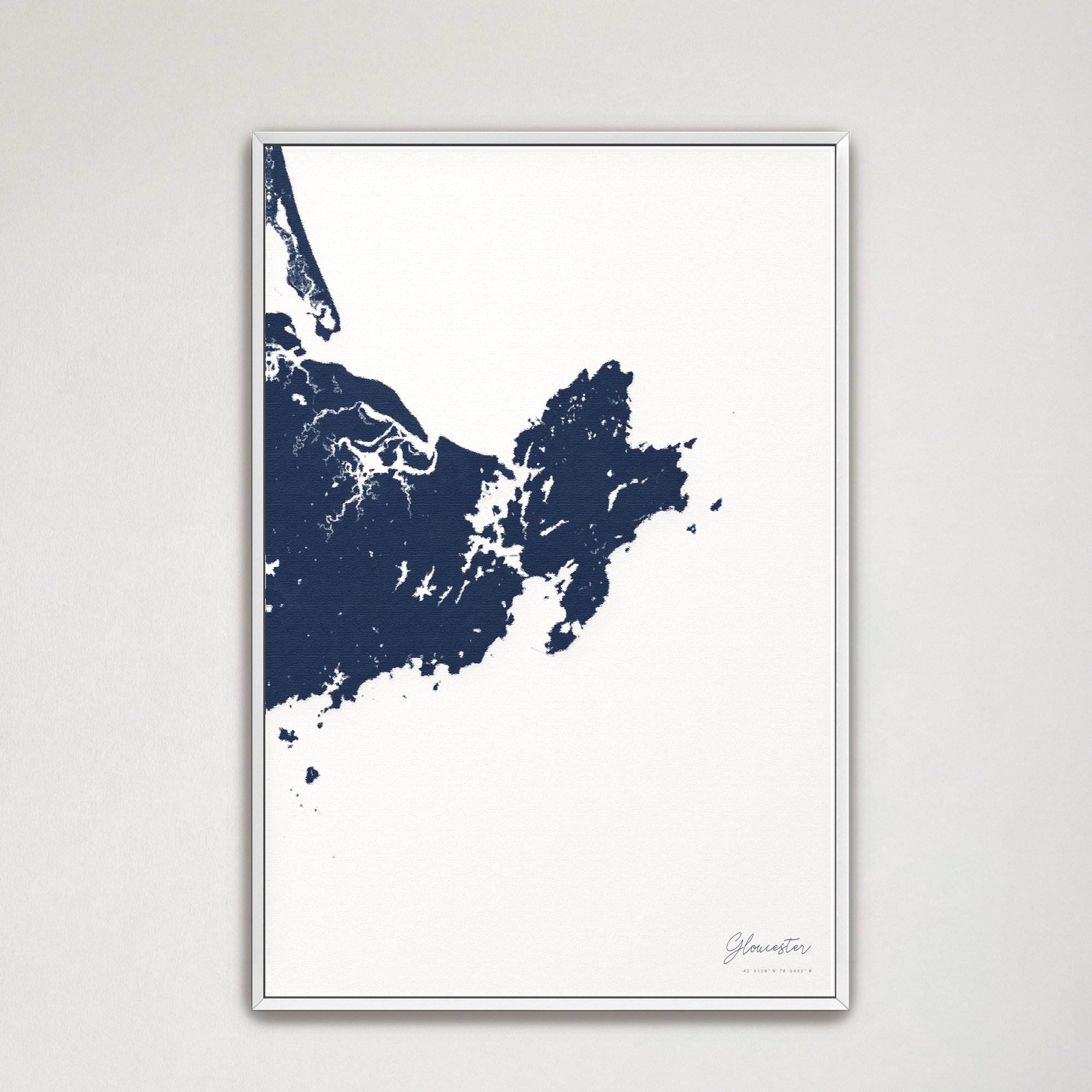 Gloucester Coastal Map — Canvas Vertical, navy, White Frame
