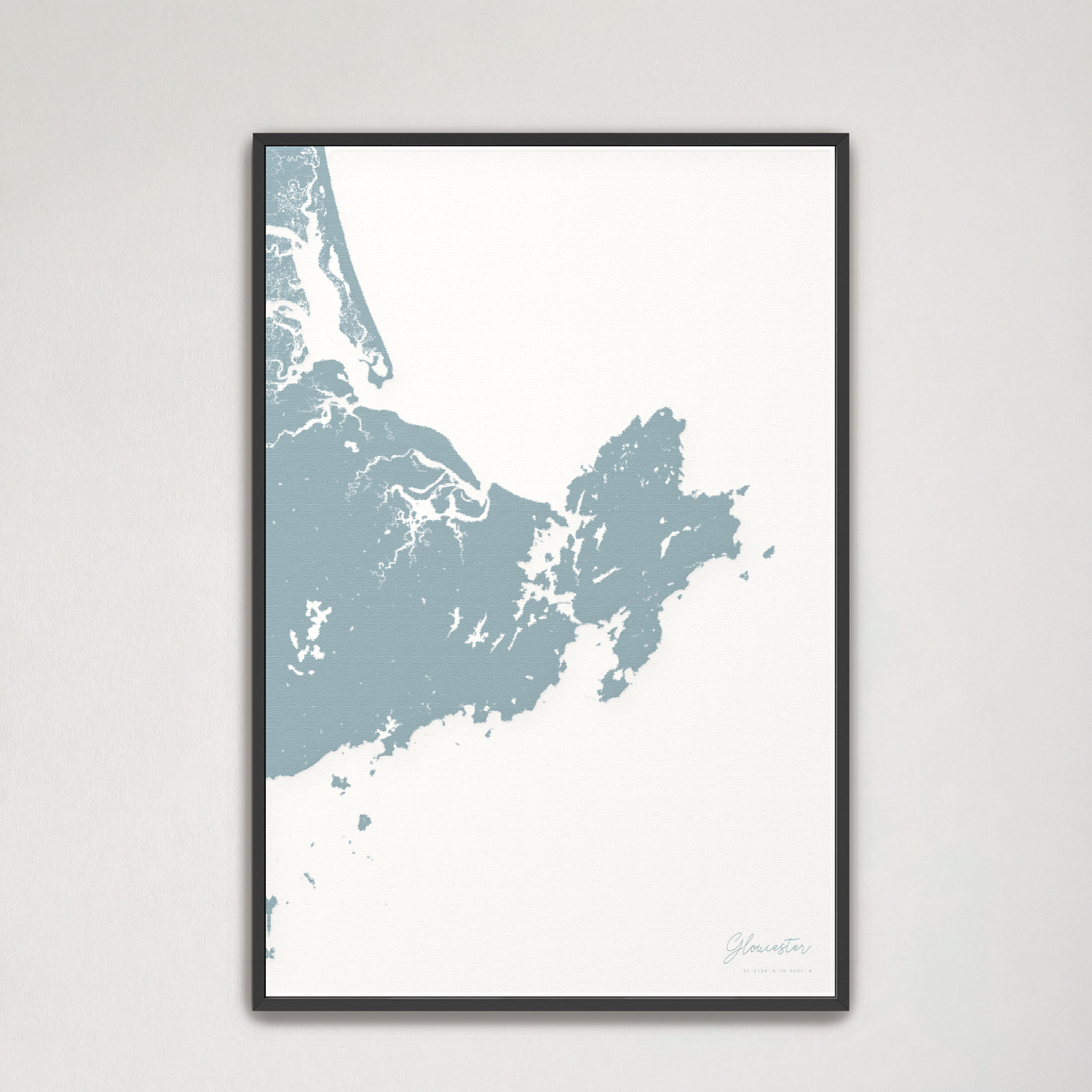 Gloucester Coastal Map — Canvas Vertical, soft-blue, Black Frame