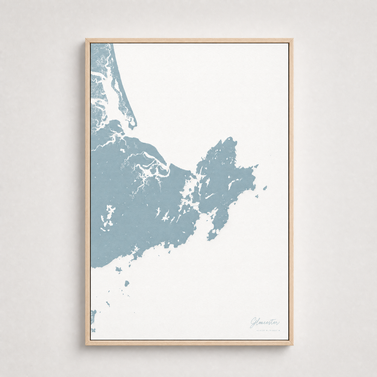 Gloucester Coastal Map — Canvas Vertical — soft-blue, Light Wood
