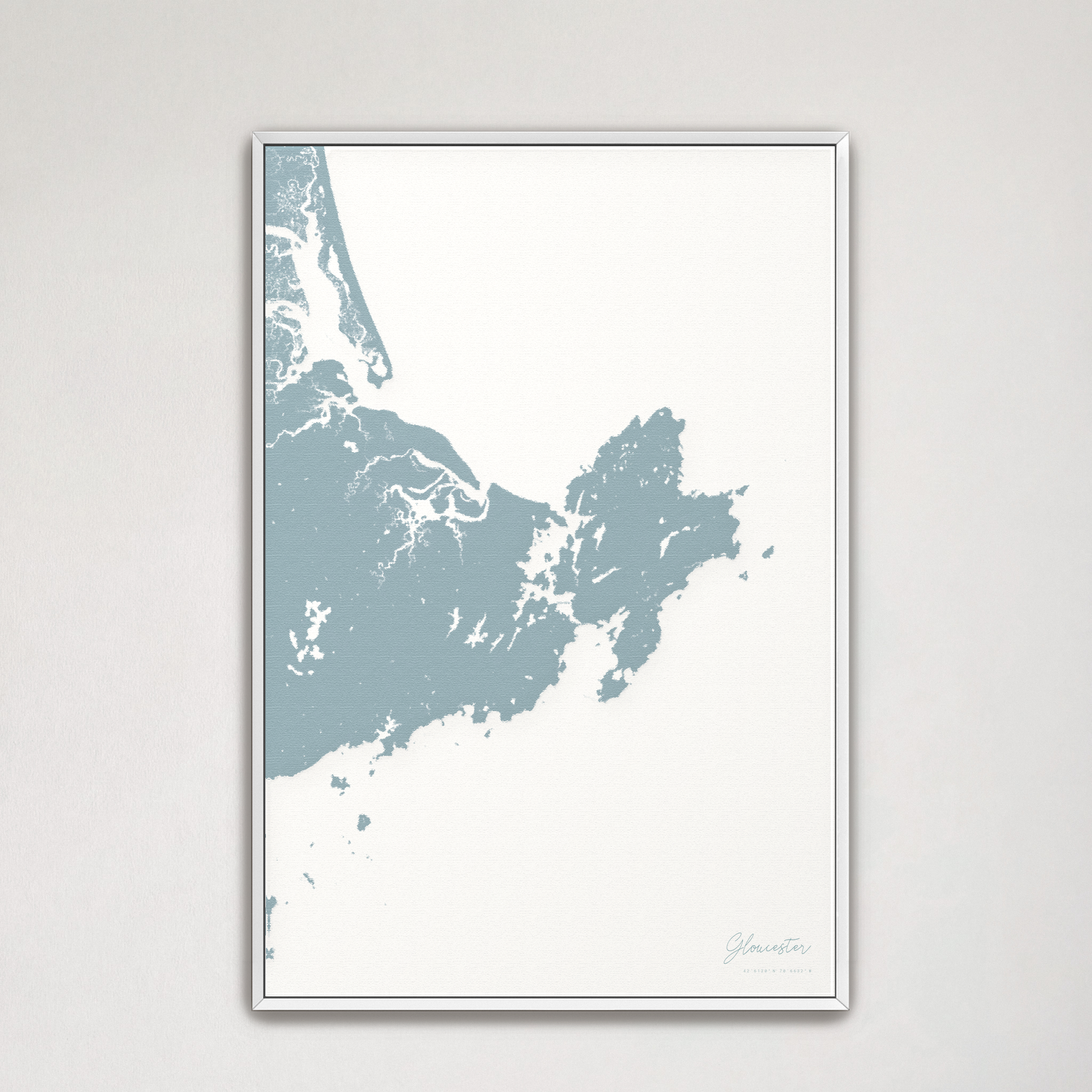 Gloucester Coastal Map — Canvas Vertical, soft-blue, White Frame