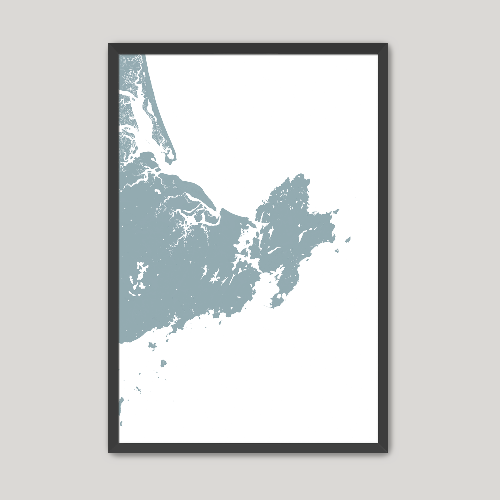 Gloucester Coastal Map — Fine Art Print Vertical, soft-blue, Black Frame, 8x10