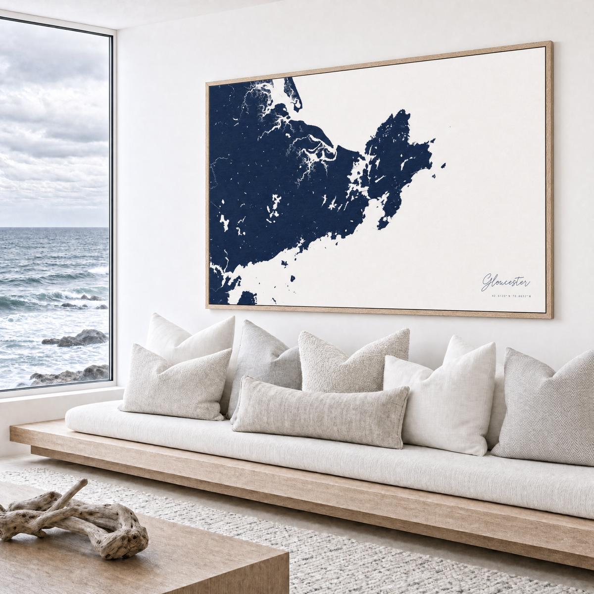 Gloucester canvas map — sea-view bench interior