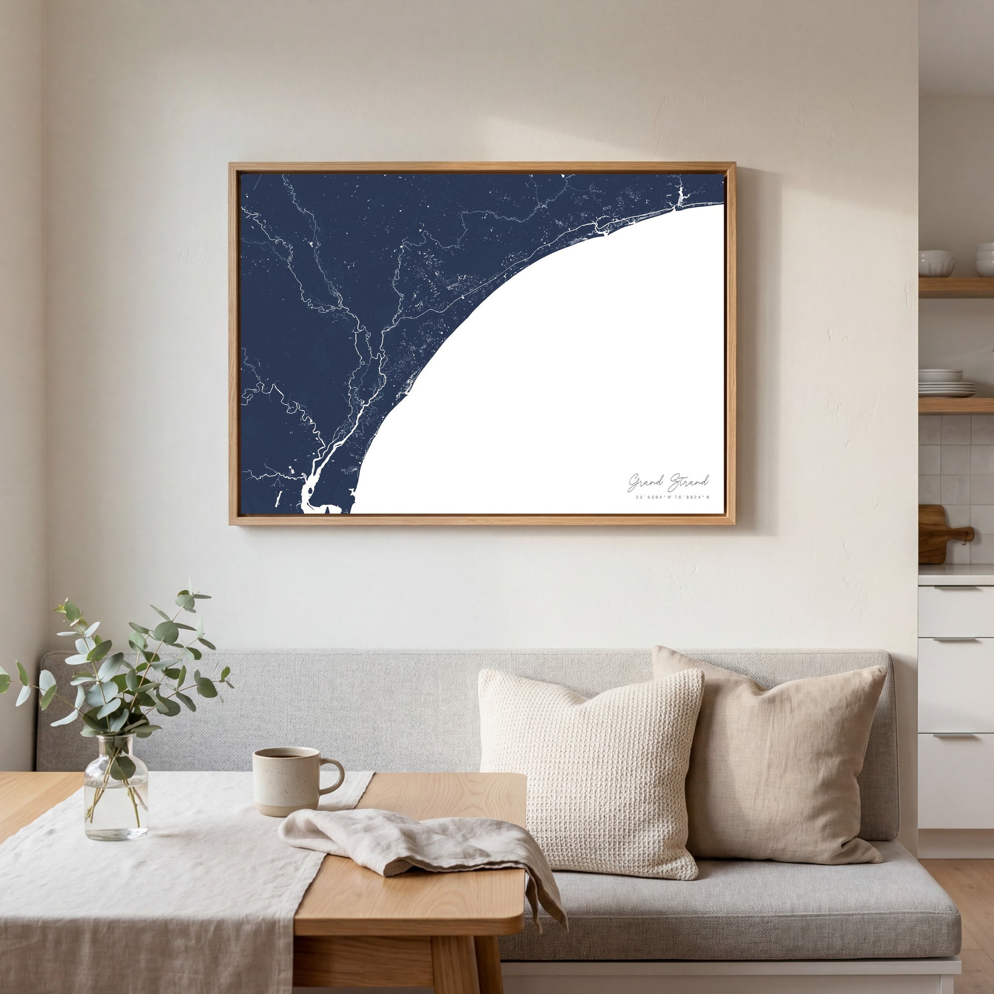 Grand Strand navy horizontal canvas map in an oak framed room scene
