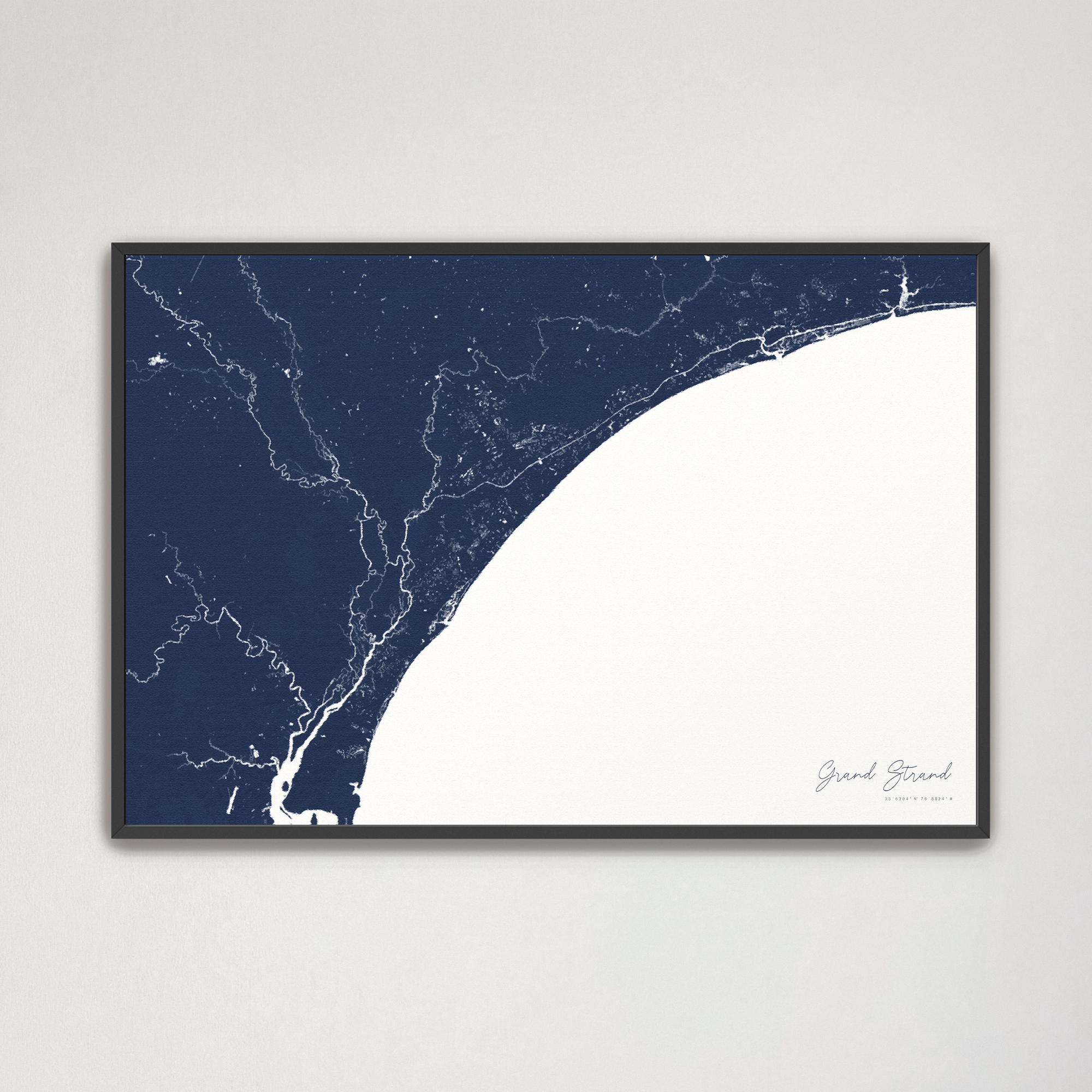 Grand Strand Coastal Map — Canvas Horizontal, navy, Black Frame