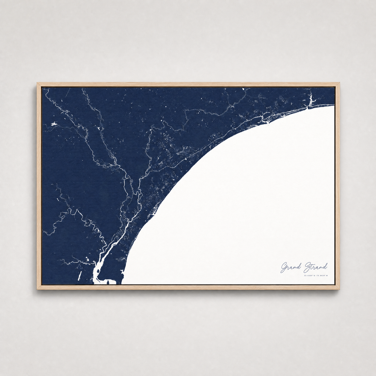 Grand Strand Coastal Map — Canvas Horizontal — navy, Light Wood