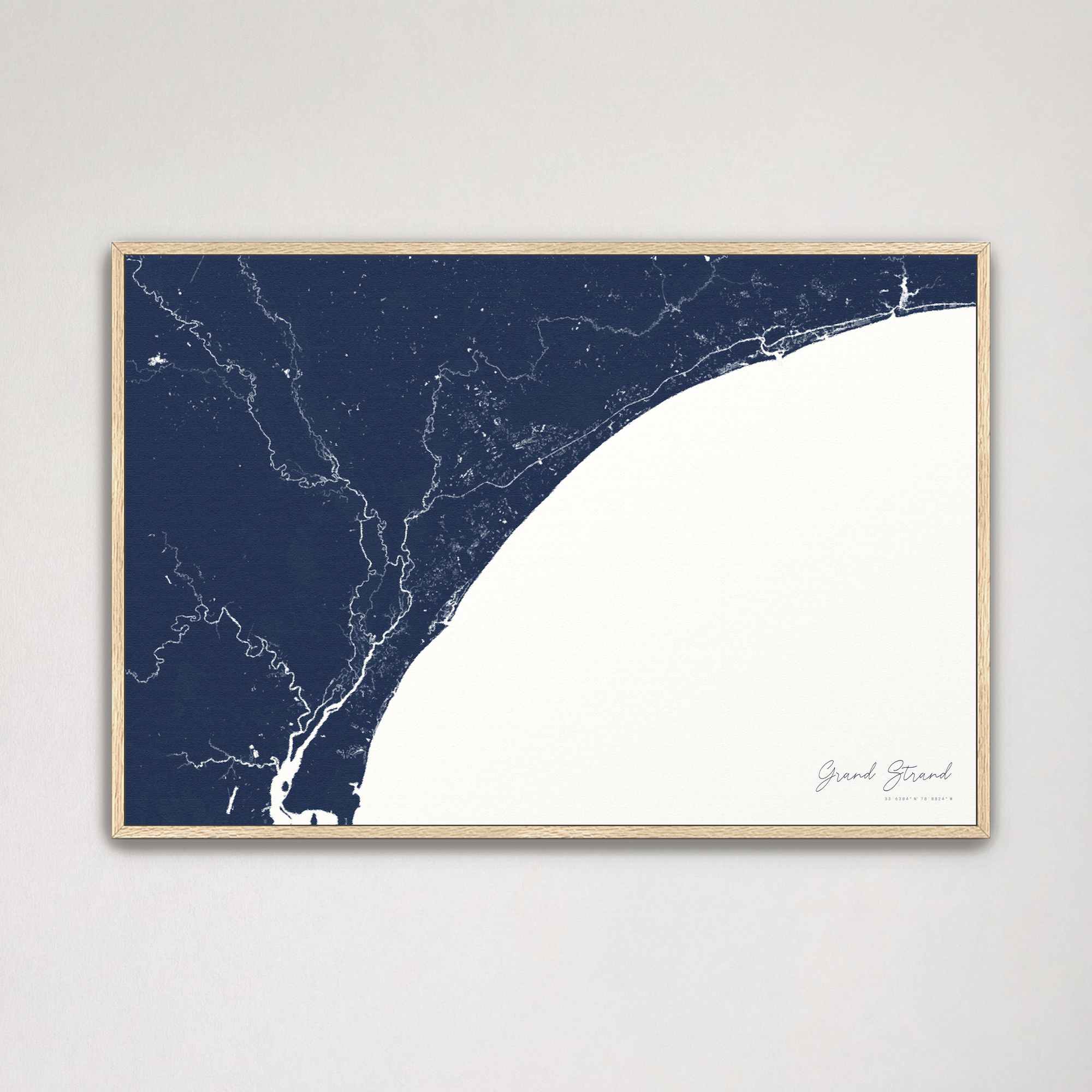 Grand Strand Coastal Map — Canvas Horizontal, navy, Natural Oak