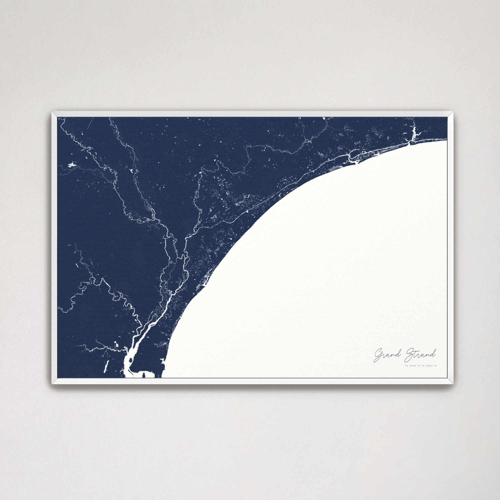 Grand Strand Coastal Map — Canvas Horizontal, navy, White Frame