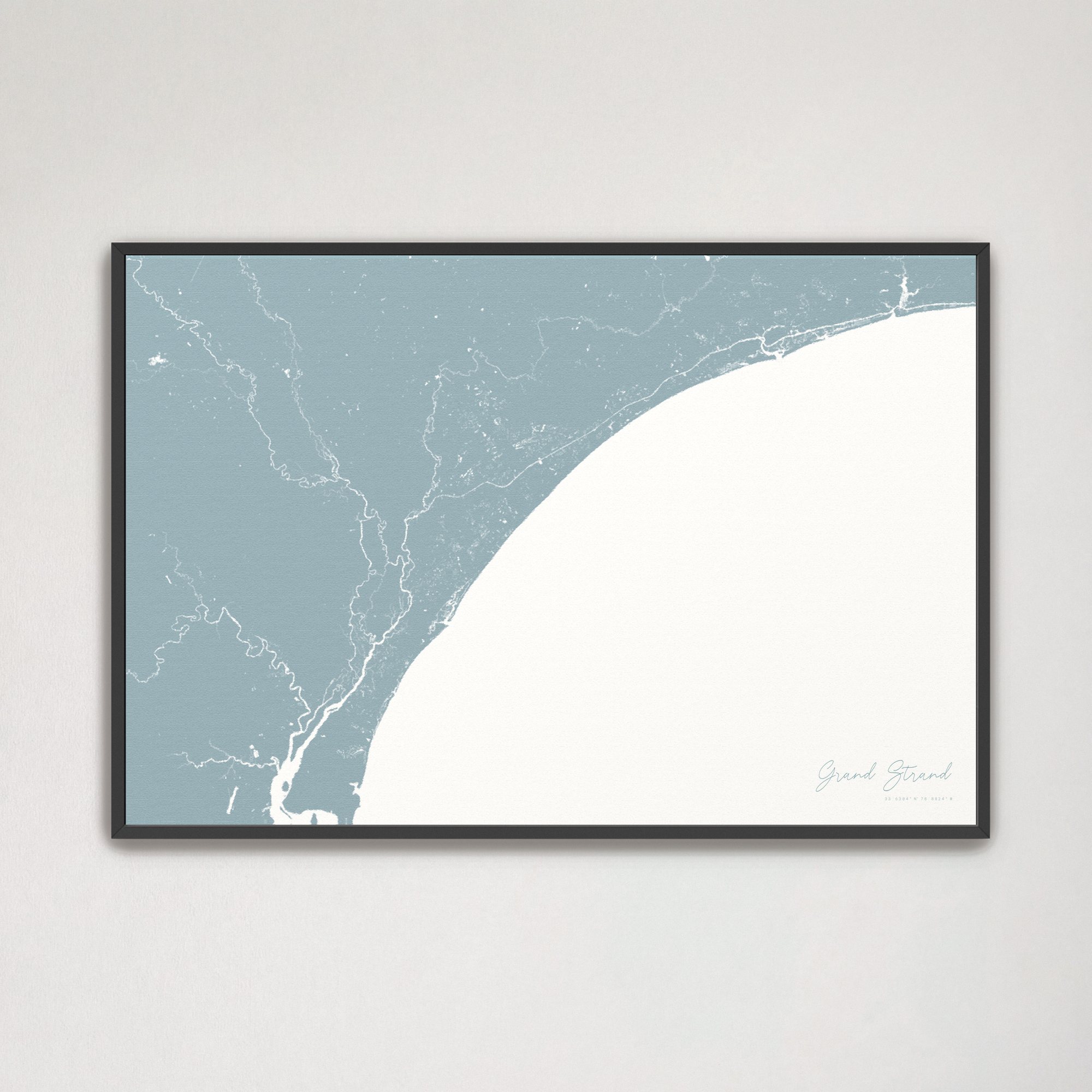 Grand Strand Coastal Map — Canvas Horizontal, soft-blue, Black Frame