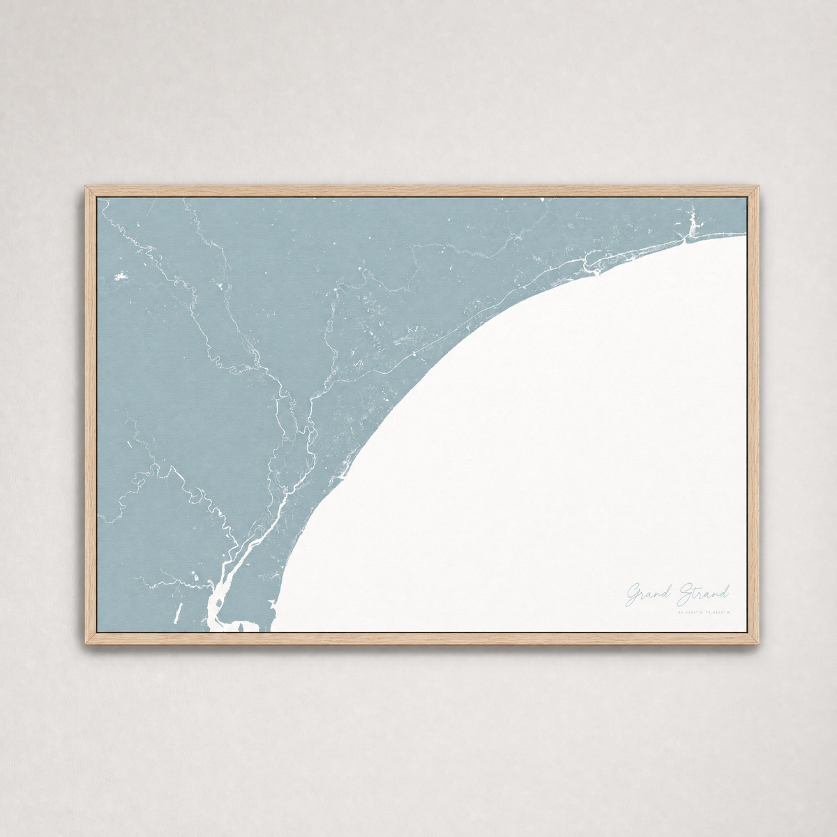 Grand Strand Coastal Map — Canvas Horizontal — soft-blue, Light Wood
