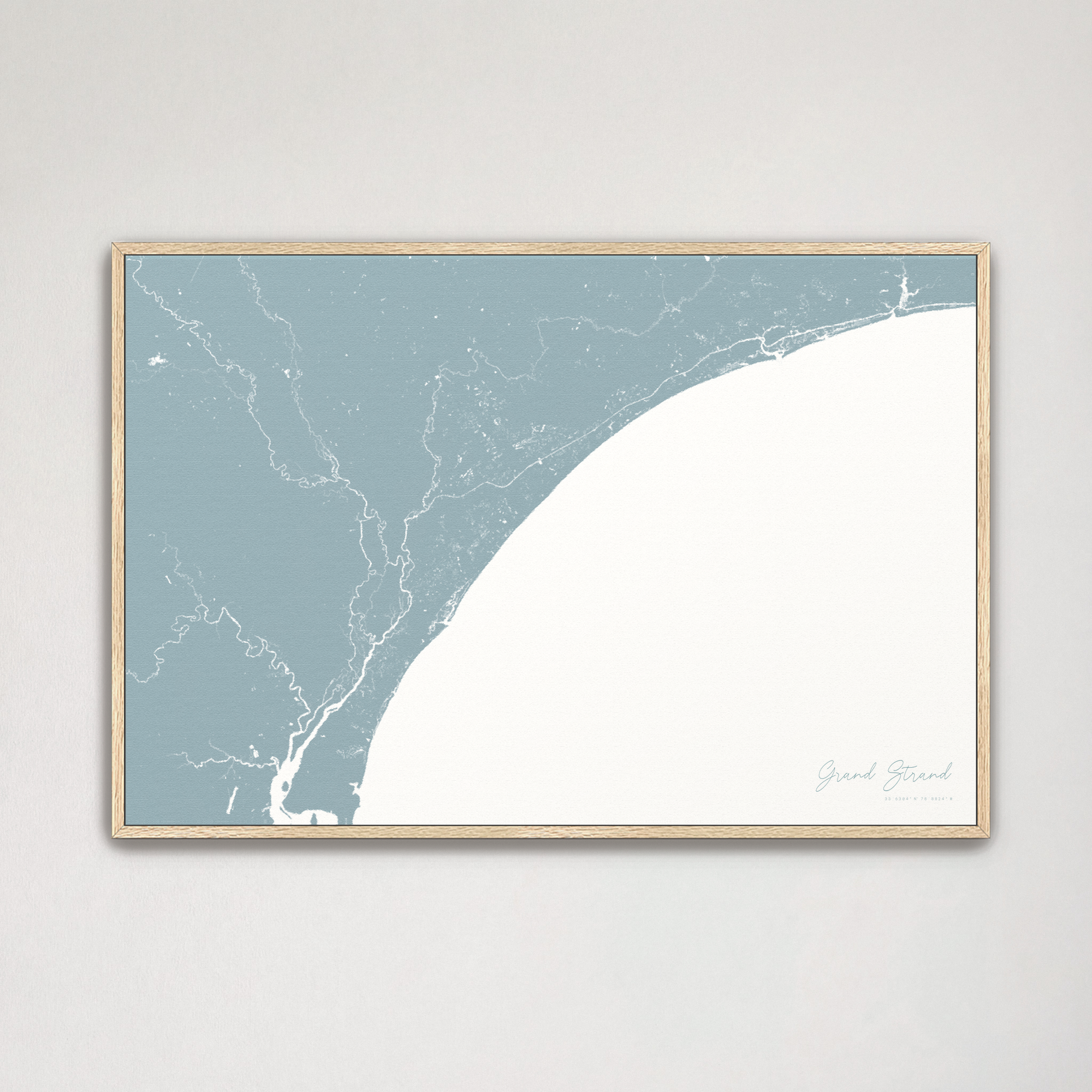 Grand Strand Coastal Map — Canvas Horizontal, soft-blue, Natural Oak