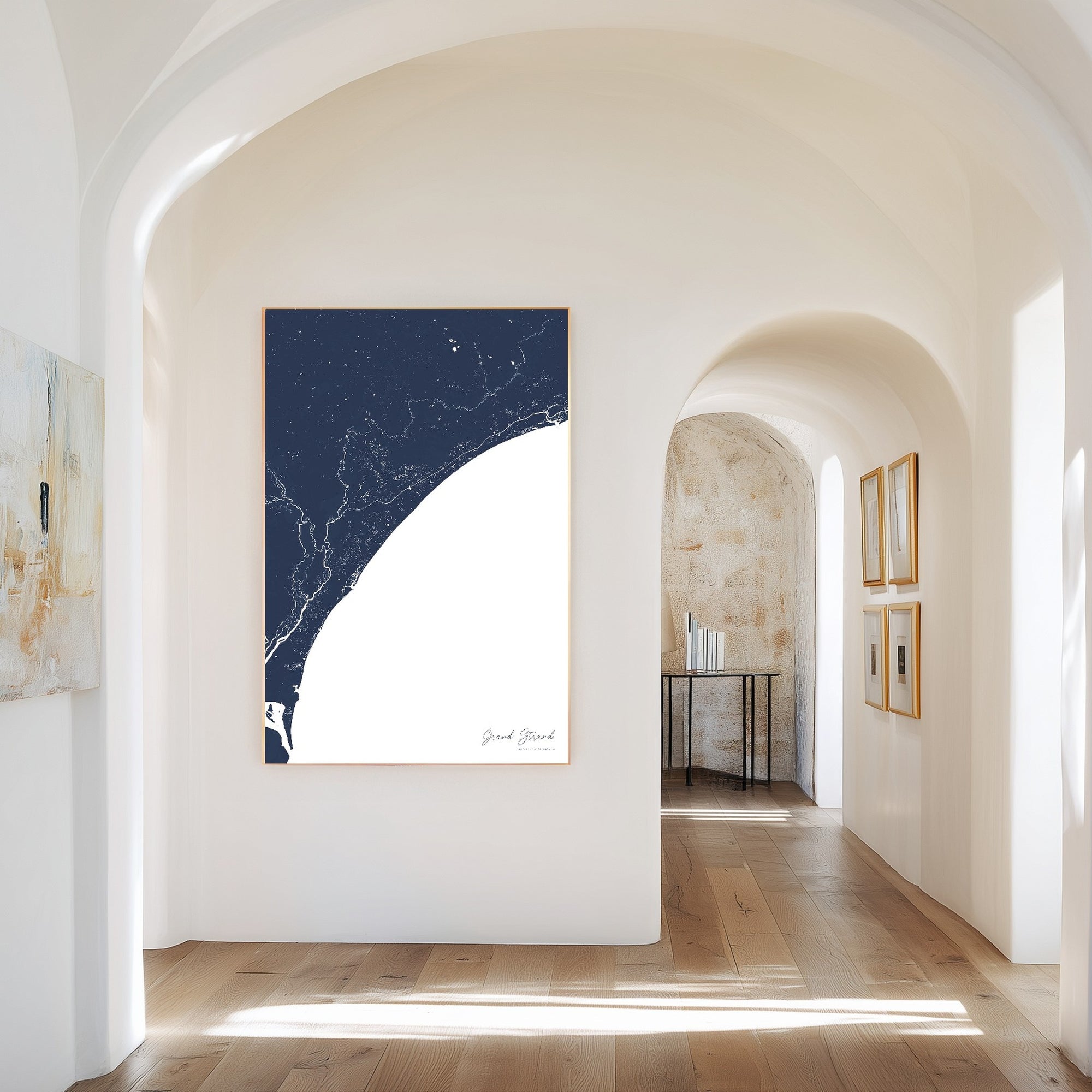 Grand Strand navy vertical canvas map in the Bello mixed room scene