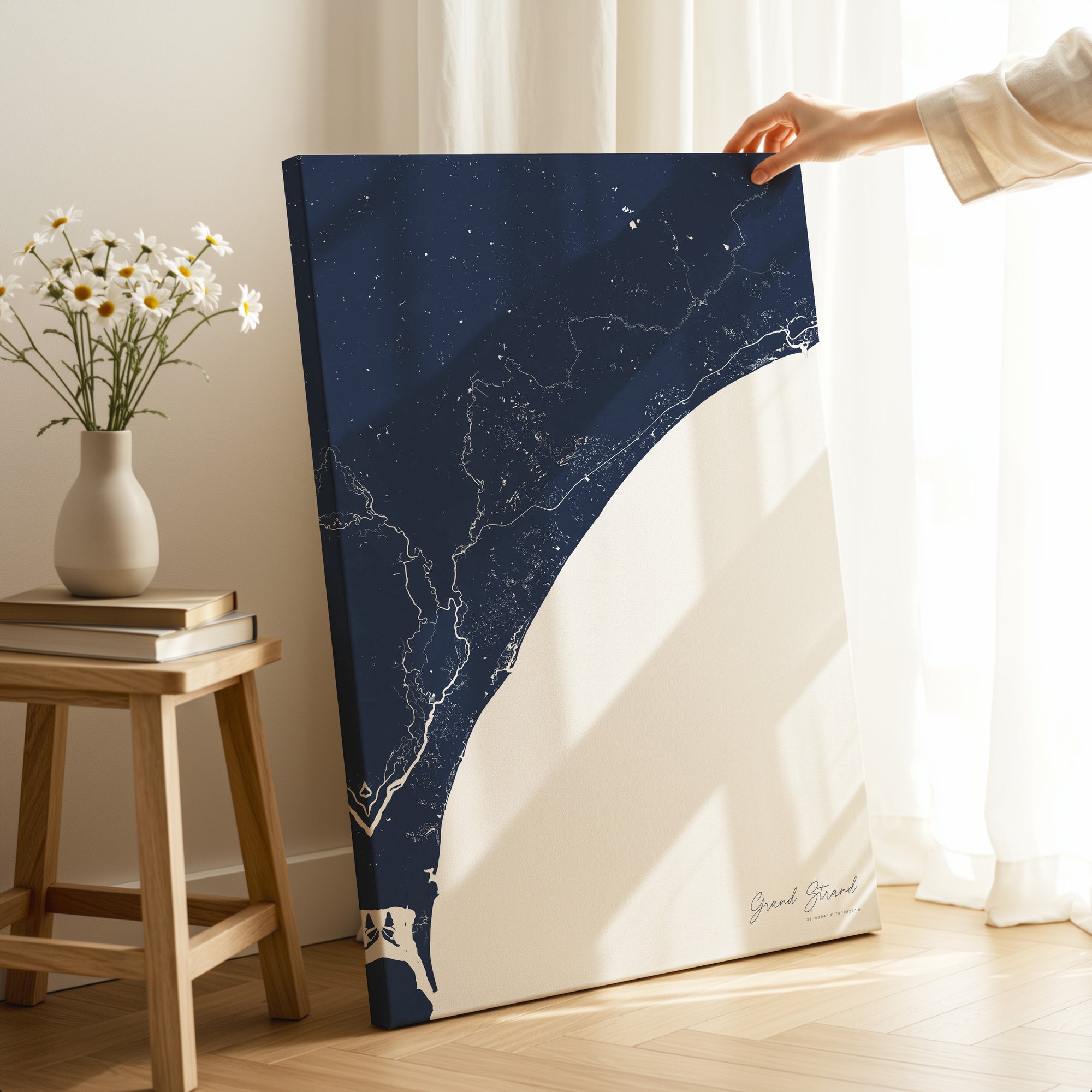 Grand Strand navy vertical wrapped canvas map in the ratio 2:3 hand mockup