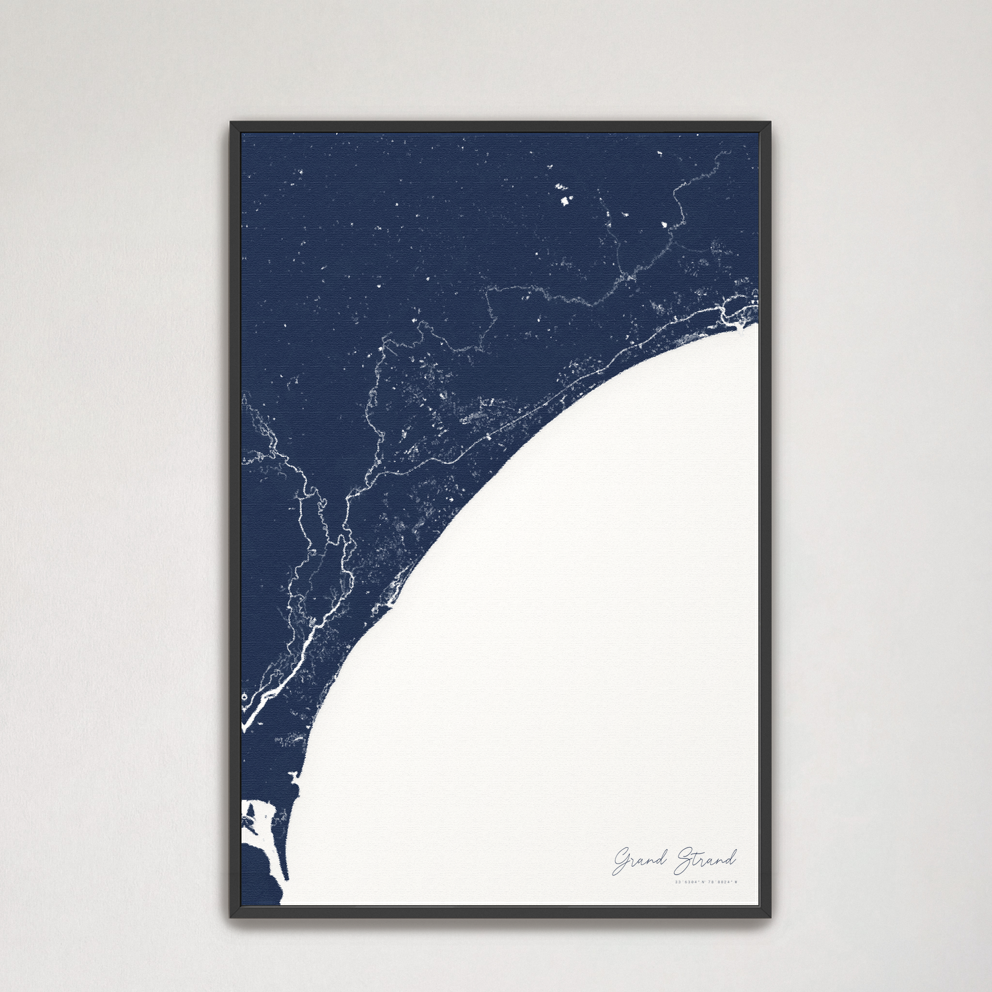 Grand Strand Coastal Map — Canvas Vertical, navy, Black Frame