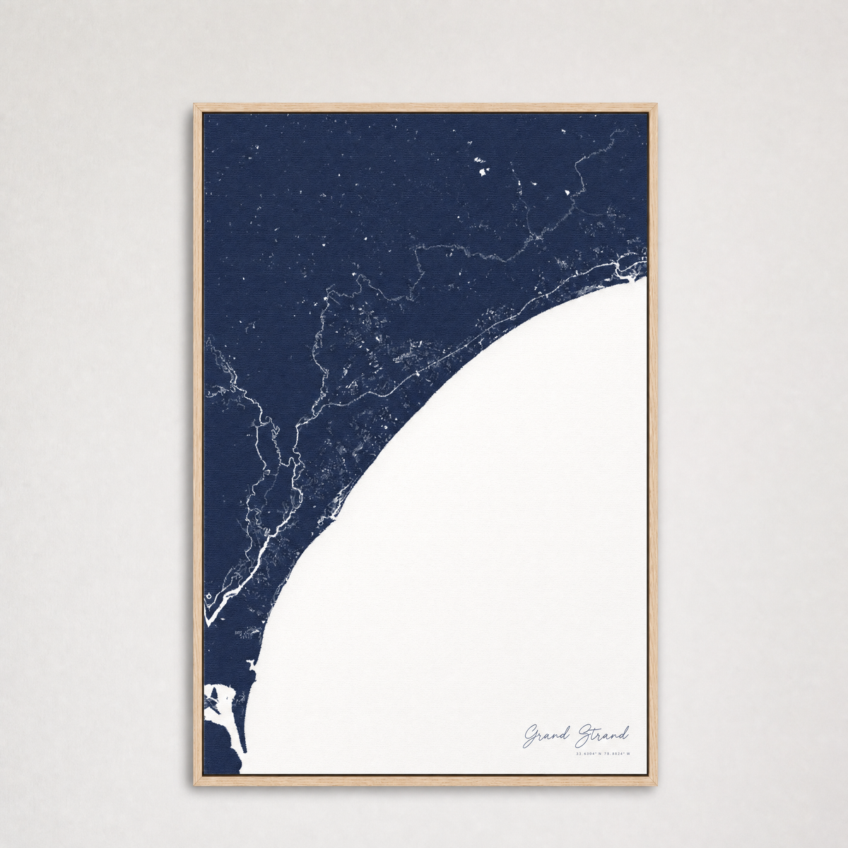 Grand Strand Coastal Map — Canvas Vertical — navy, Light Wood