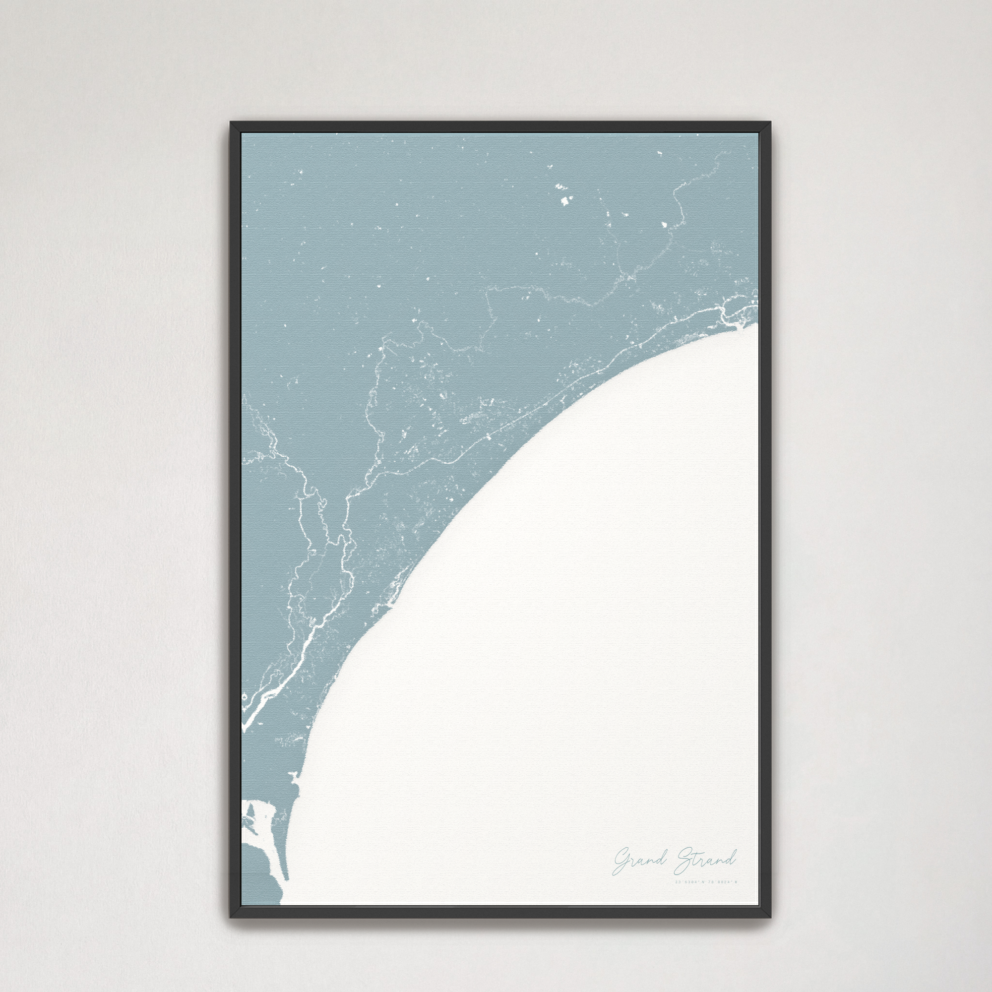 Grand Strand Coastal Map — Canvas Vertical, soft-blue, Black Frame