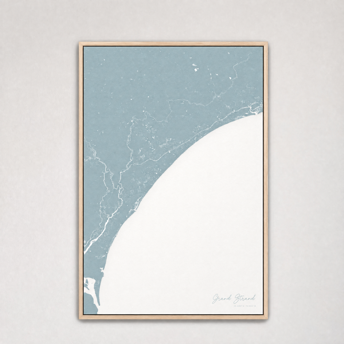 Grand Strand Coastal Map — Canvas Vertical — soft-blue, Light Wood