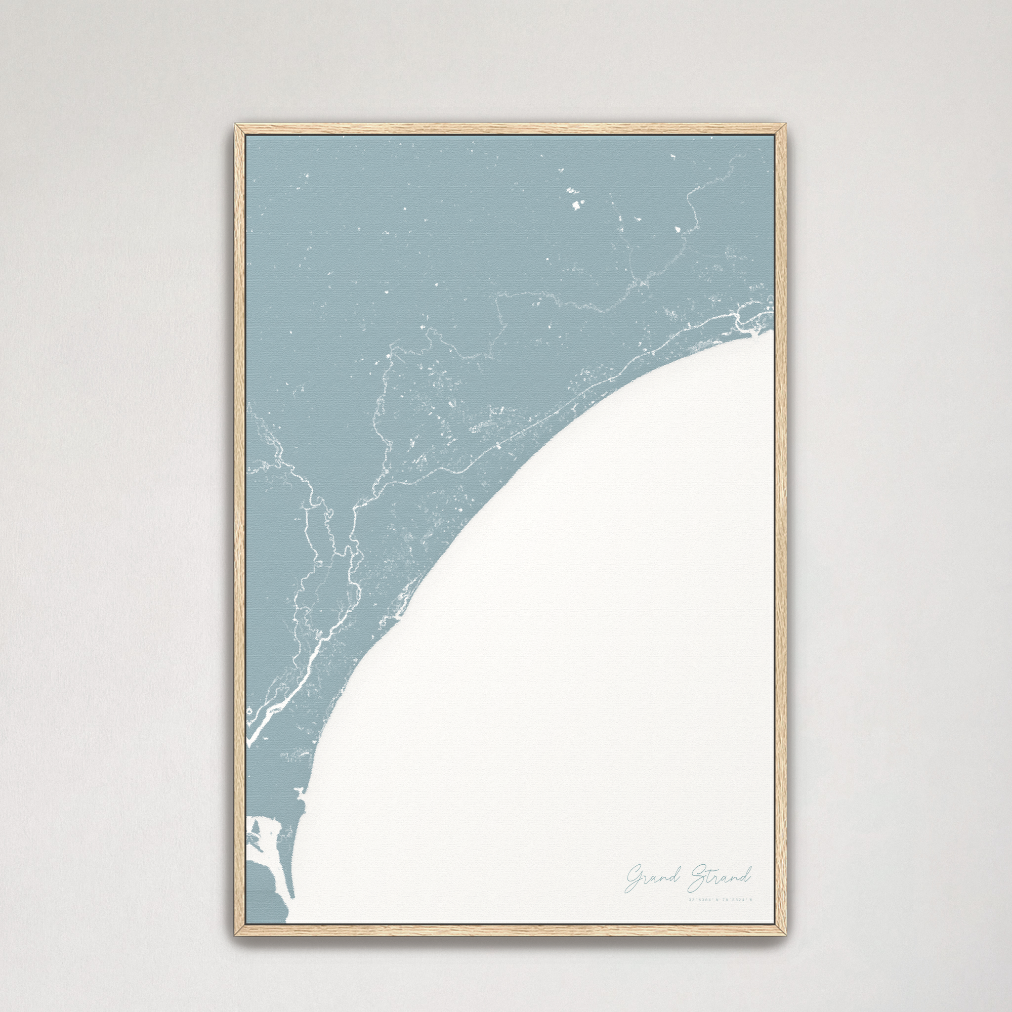 Grand Strand Coastal Map — Canvas Vertical, soft-blue, Natural Oak
