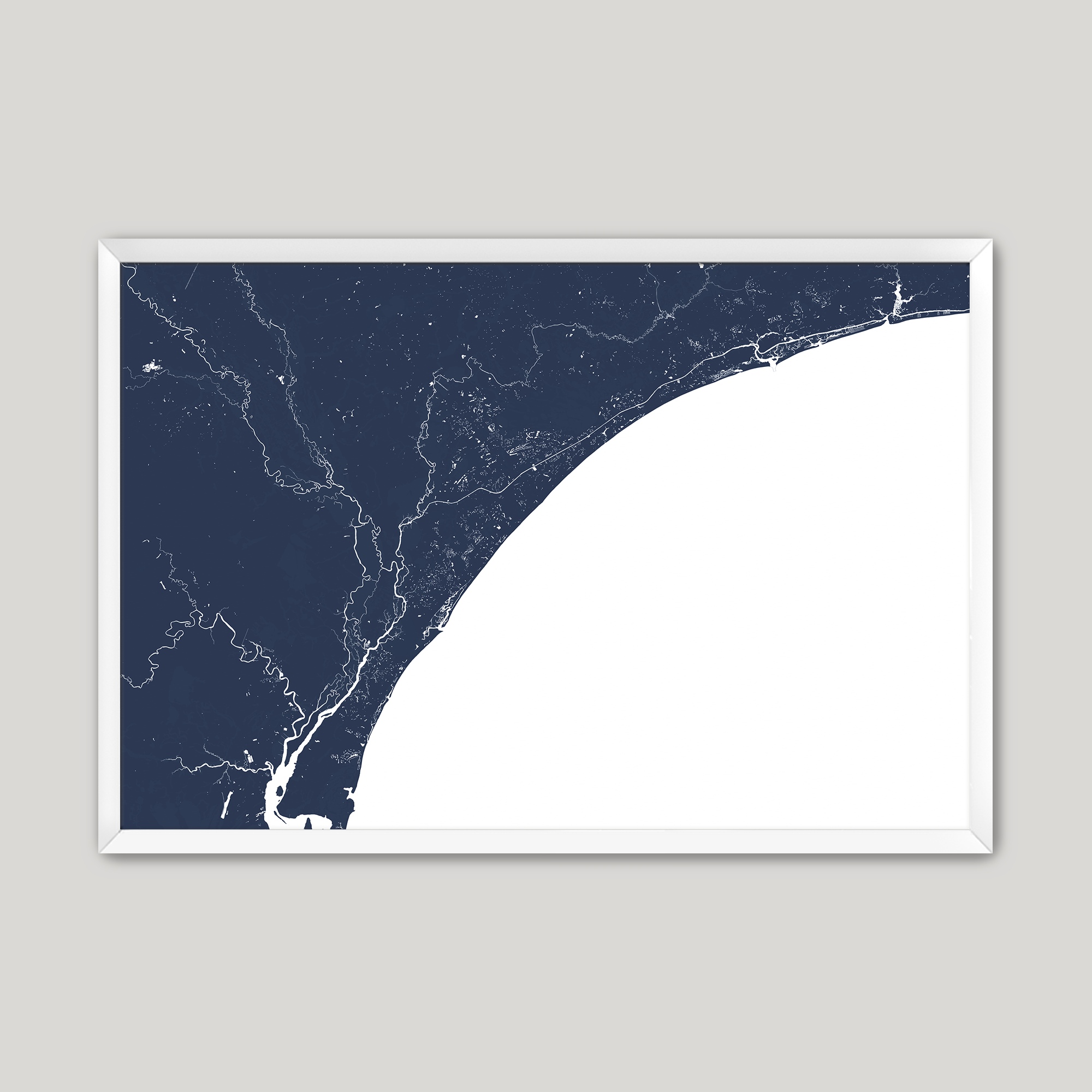Grand Strand Coastal Map — Fine Art Print Horizontal, navy, White Frame, 10x8