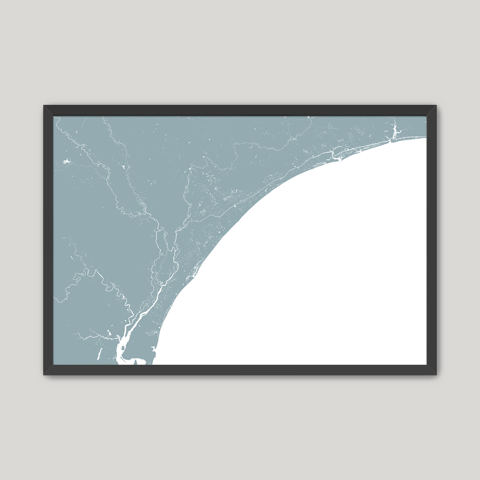 Grand Strand Coastal Map — Fine Art Print Horizontal, soft-blue, Black Frame, 10x8