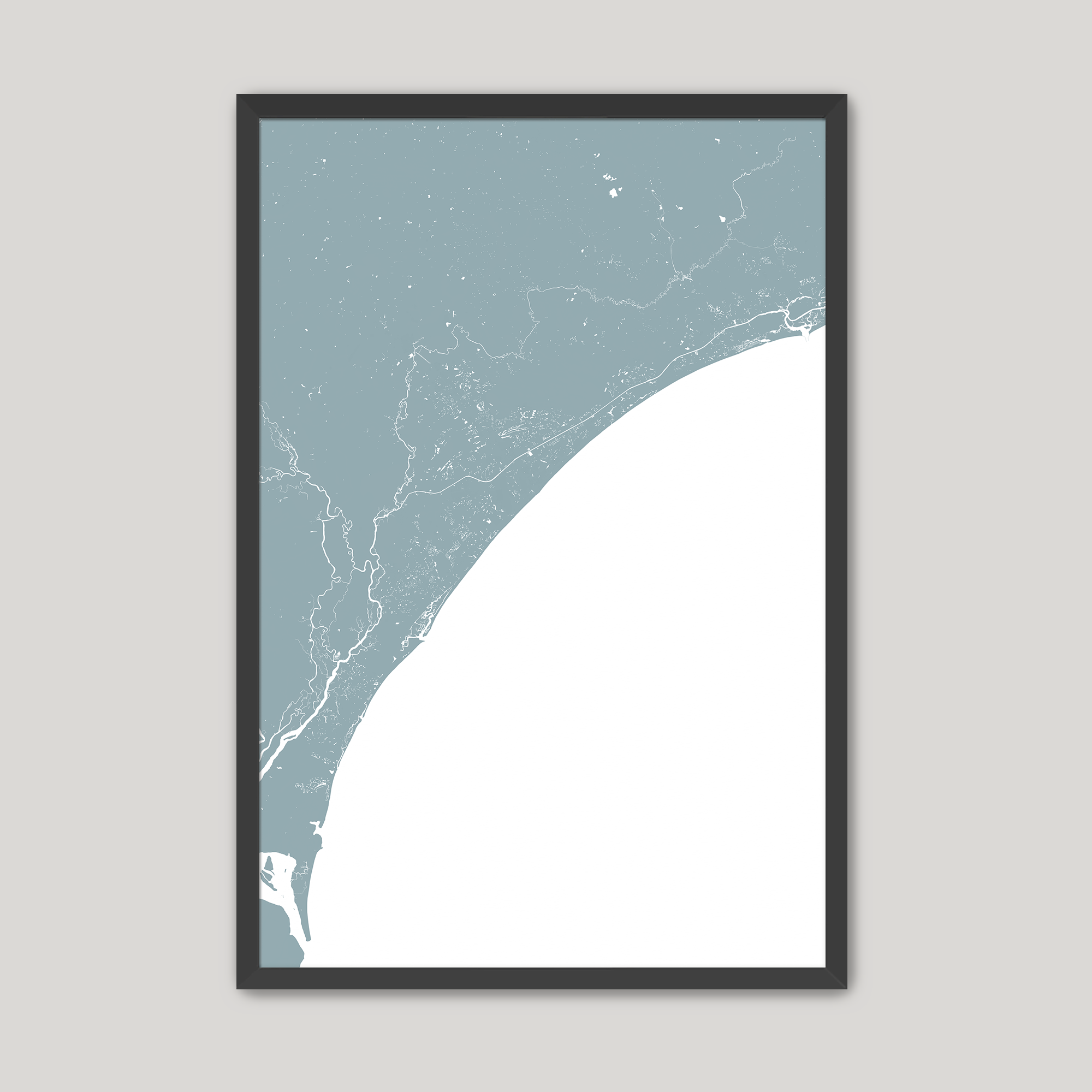 Grand Strand Coastal Map — Fine Art Print Vertical, soft-blue, Black Frame, 8x10