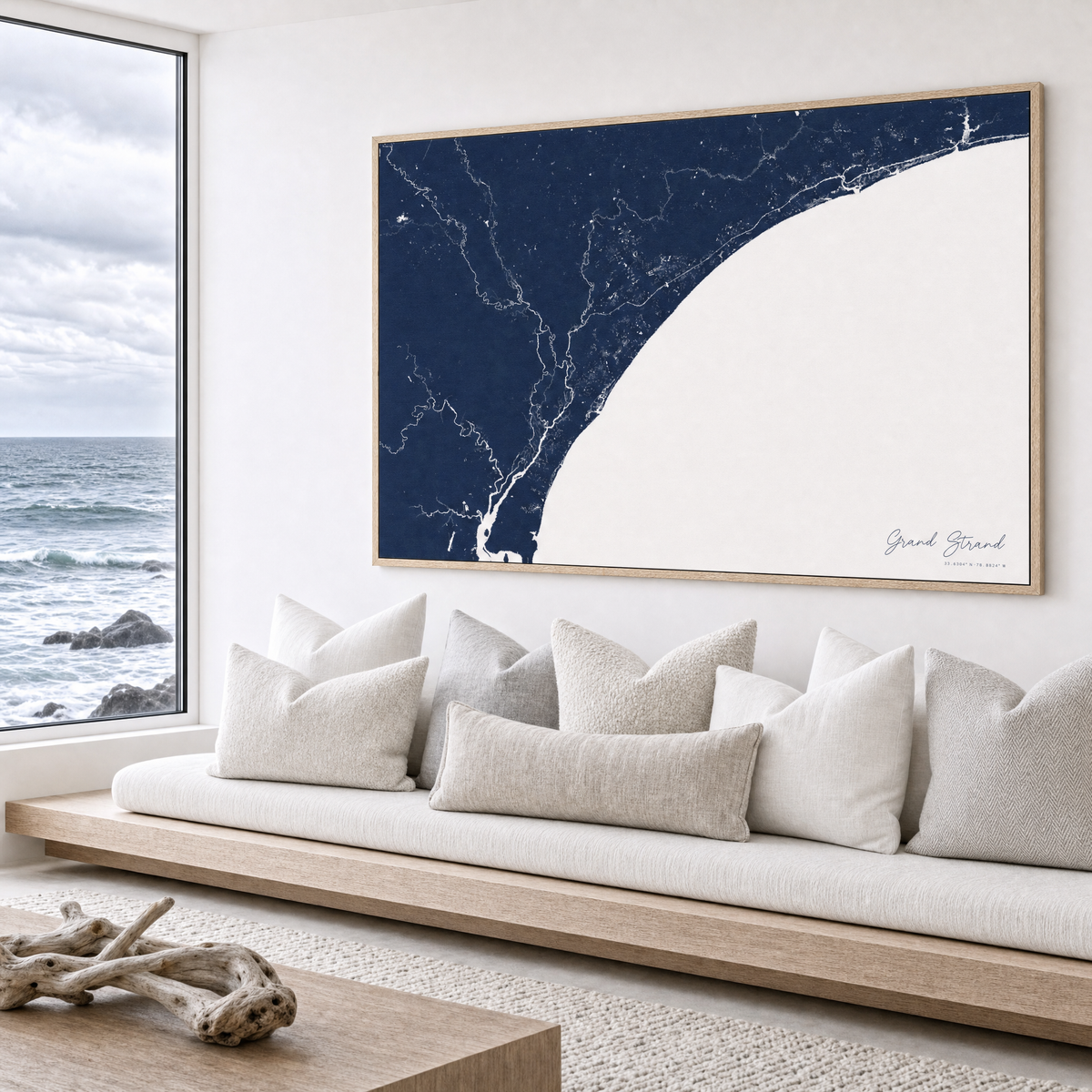 Grand Strand canvas map — sea-view bench interior