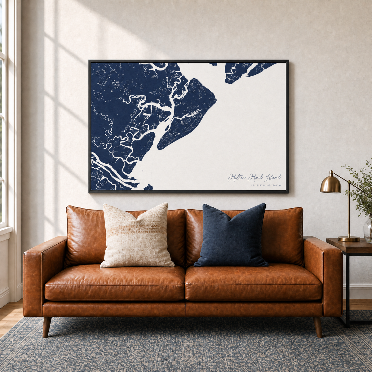Hilton Head Island canvas map — two-pillow black-frame sofa interior