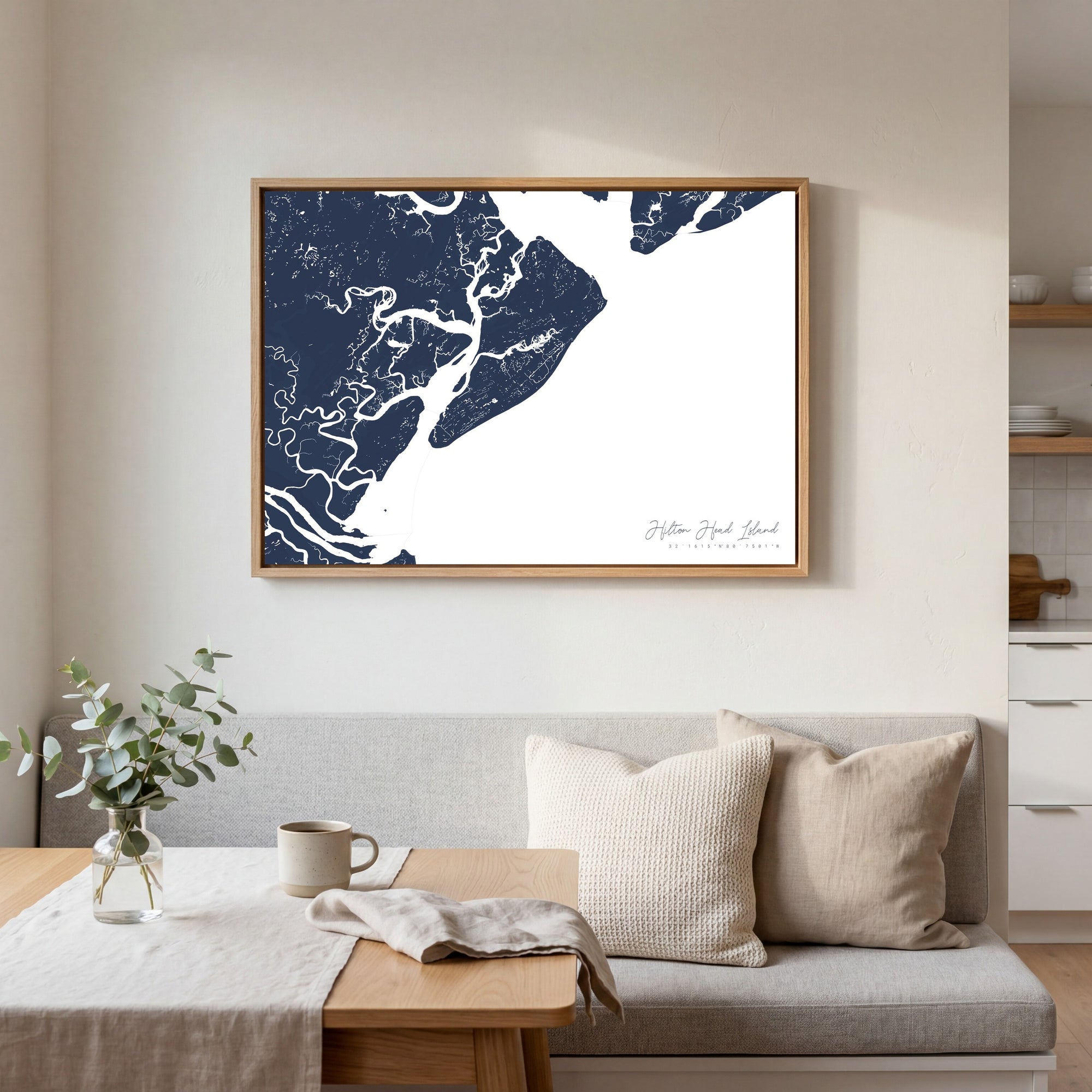 Hilton Head Island navy horizontal canvas map in an oak framed room scene