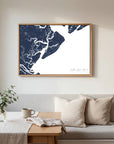 Hilton Head Island navy horizontal canvas map in an oak framed room scene