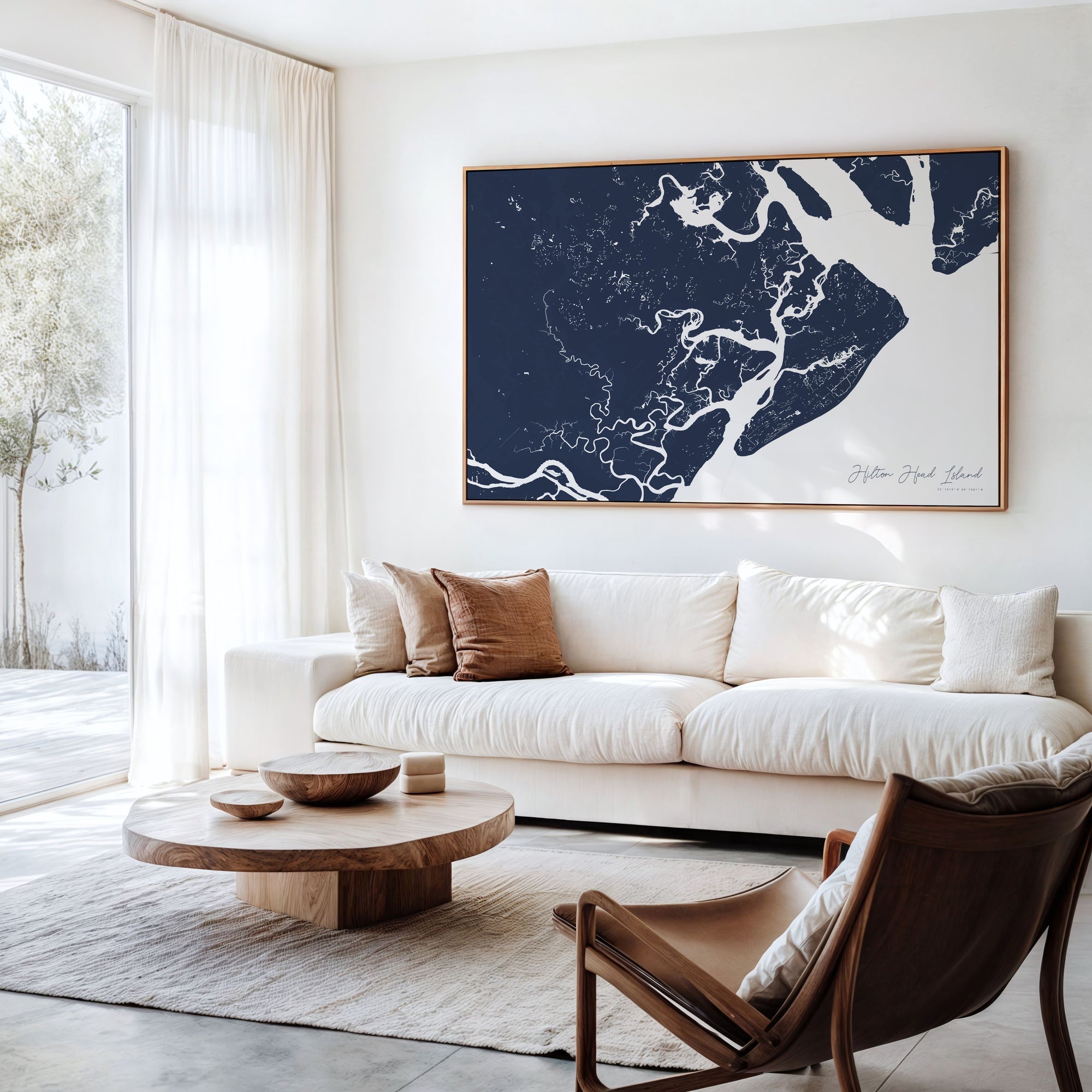 Hilton Head Island navy horizontal canvas map in an oak framed room scene