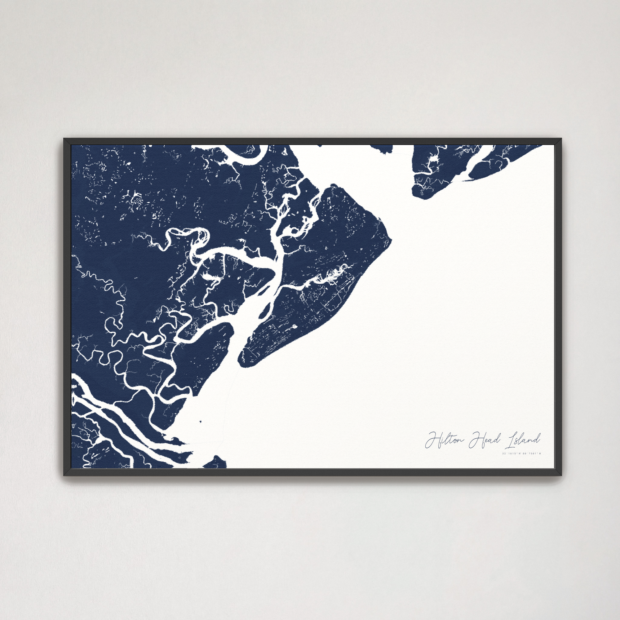 Hilton Head Island Coastal Map — Canvas Horizontal, navy, Black Frame