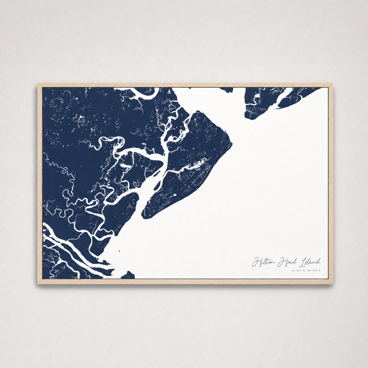 Hilton Head Island Coastal Map — Canvas Horizontal — navy, Light Wood