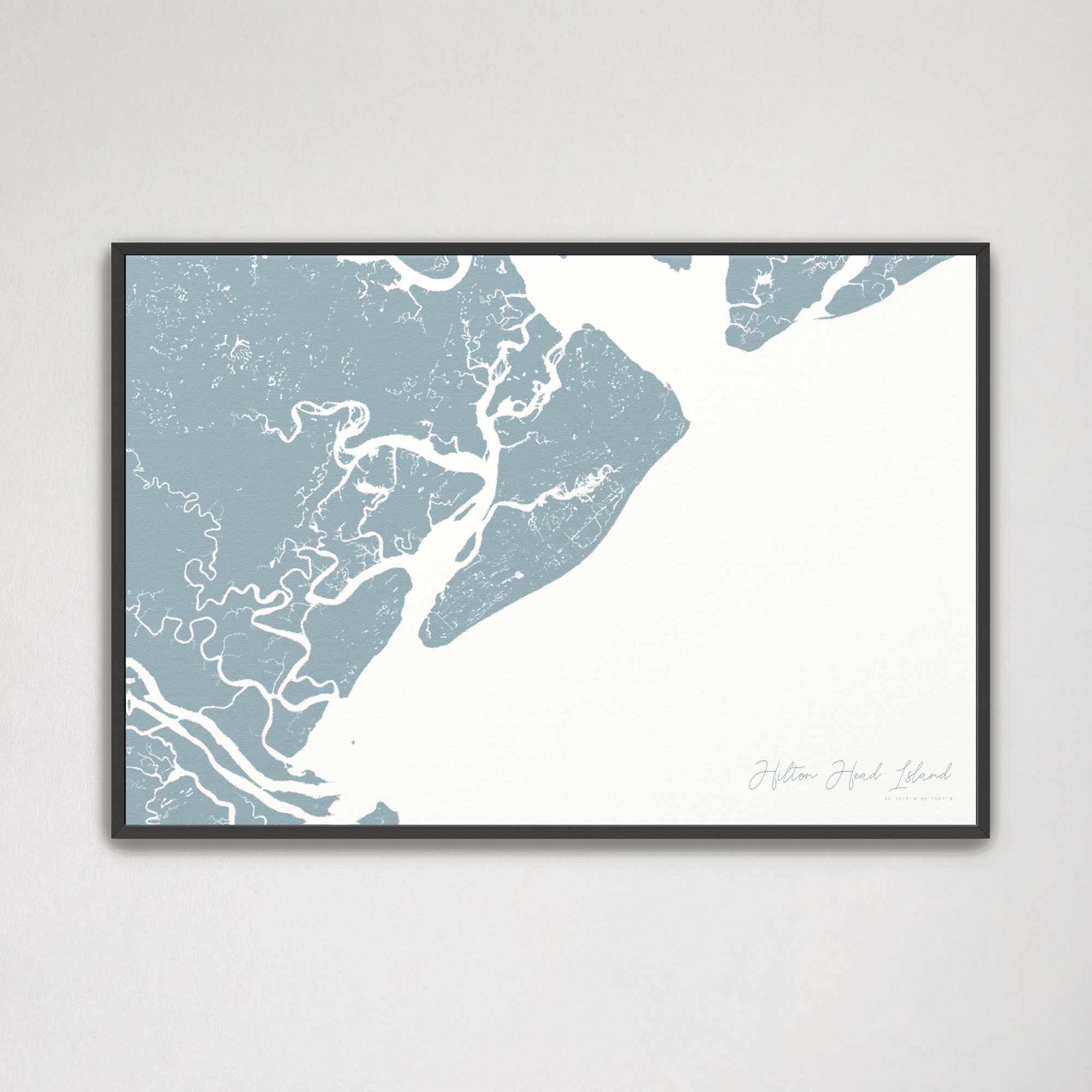 Hilton Head Island Coastal Map — Canvas Horizontal, soft-blue, Black Frame