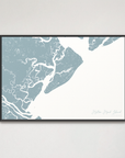 Hilton Head Island Coastal Map — Canvas Horizontal, soft-blue, Black Frame