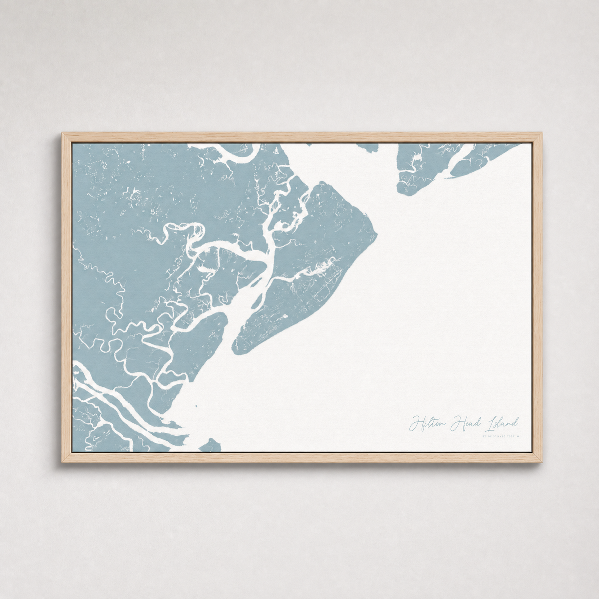 Hilton Head Island Coastal Map — Canvas Horizontal — soft-blue, Light Wood