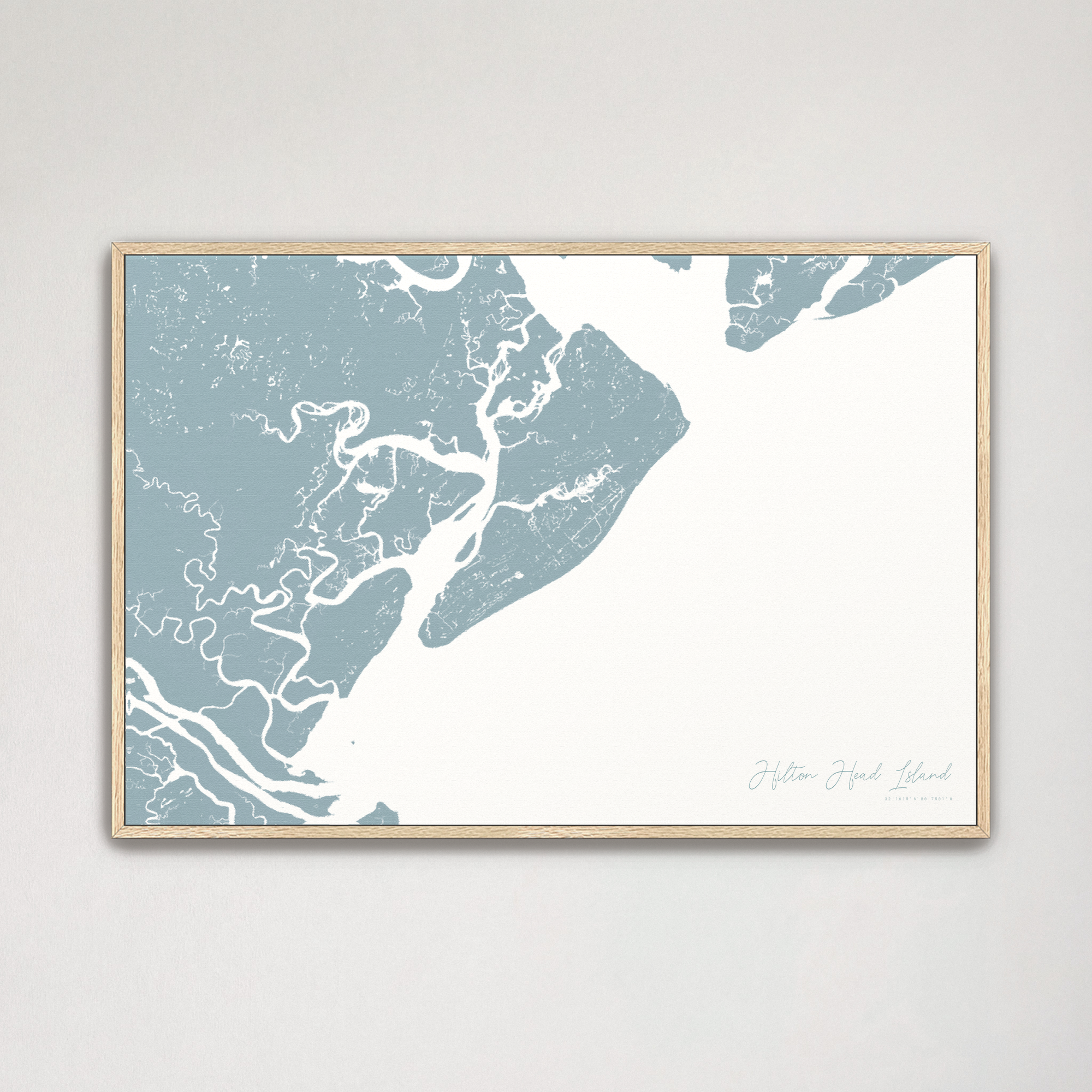 Hilton Head Island Coastal Map — Canvas Horizontal, soft-blue, Natural Oak