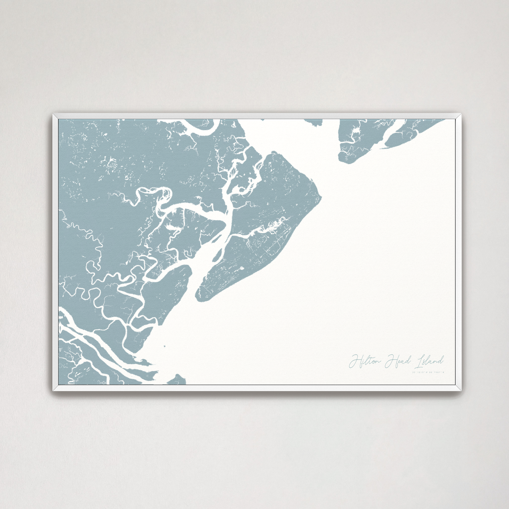 Hilton Head Island Coastal Map — Canvas Horizontal, soft-blue, White Frame